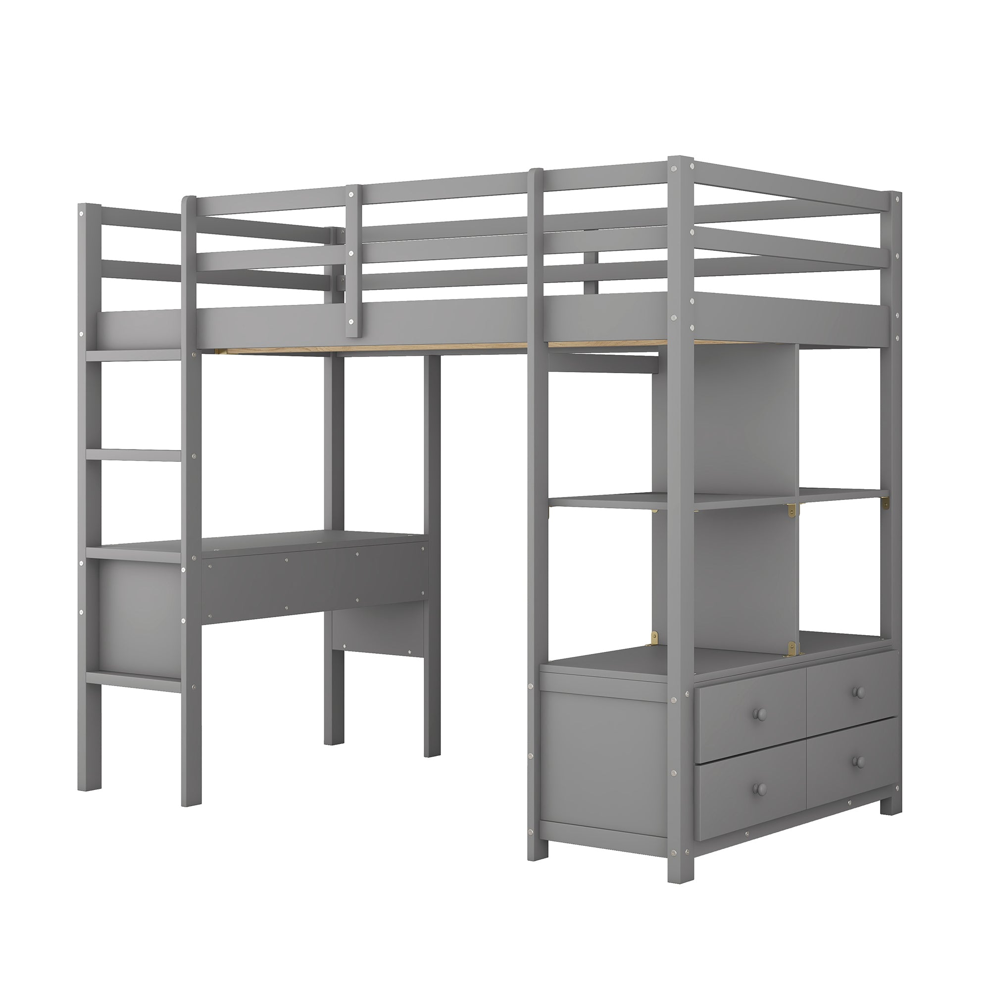 Twin  Size Loft Bed with Built-in Desk with Two Drawers, and Storage Shelves and Drawers,Gray