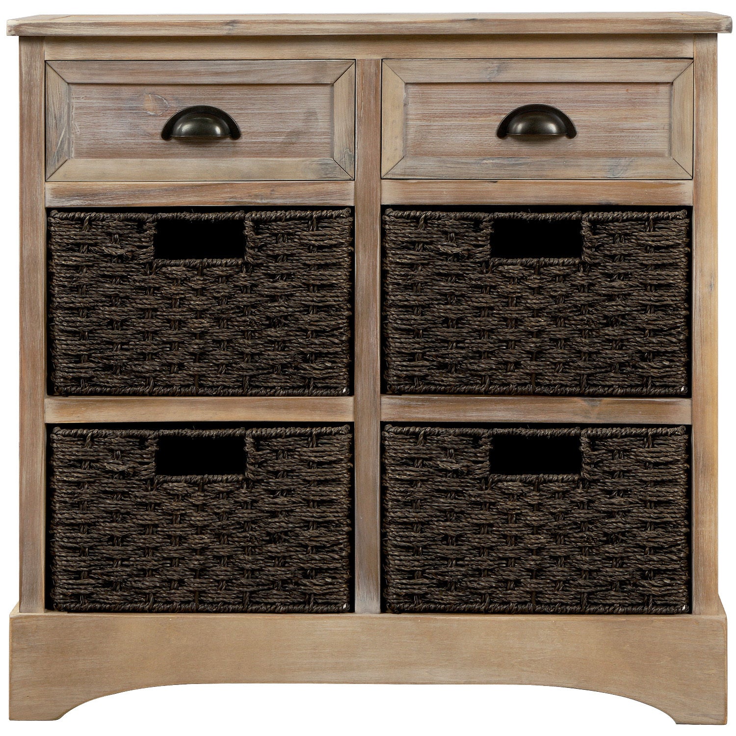 TREXM Rustic Storage Cabinet with Two Drawers and Four Classic Rattan Basket for Dining Room/Living Room (White Washed)
