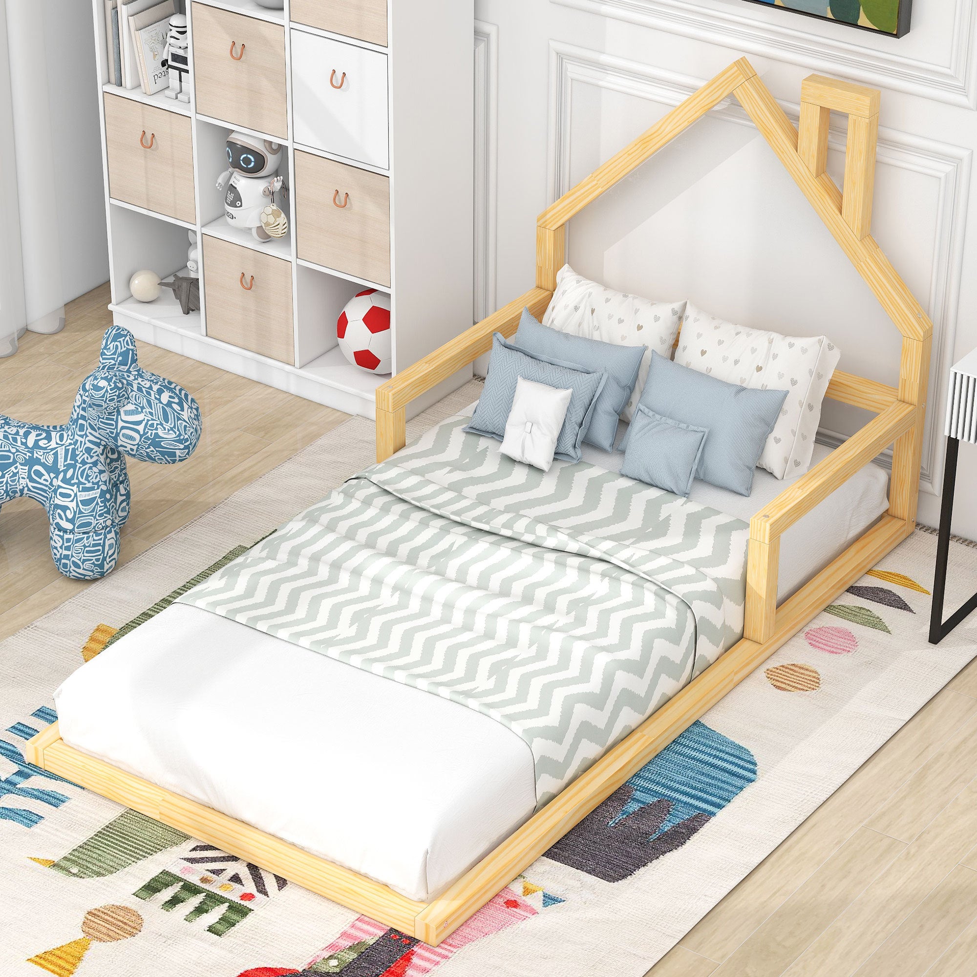 Twin Size Wood Floor Bed with House-shaped Headboard, Natural