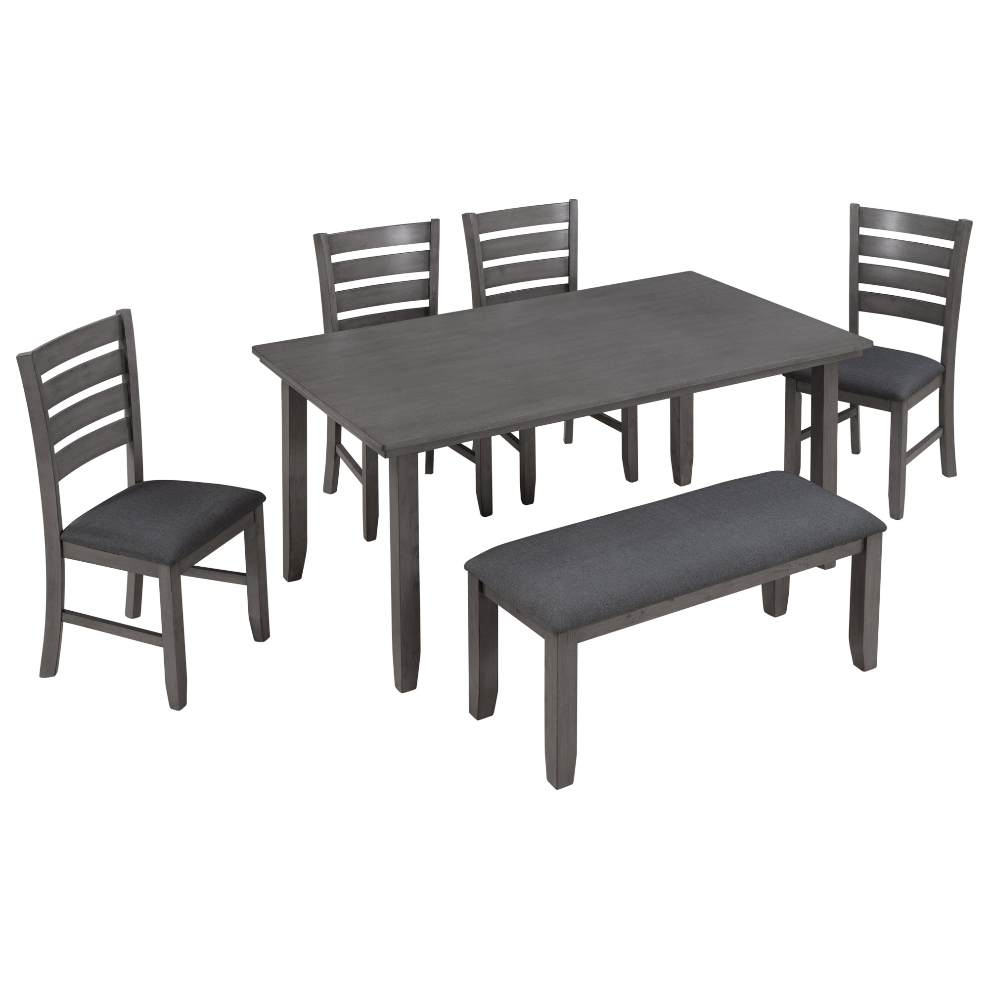 TREXM Dining Room Table and Chairs with Bench, Rustic Wood Dining Set, Set of 6 (Gray)
