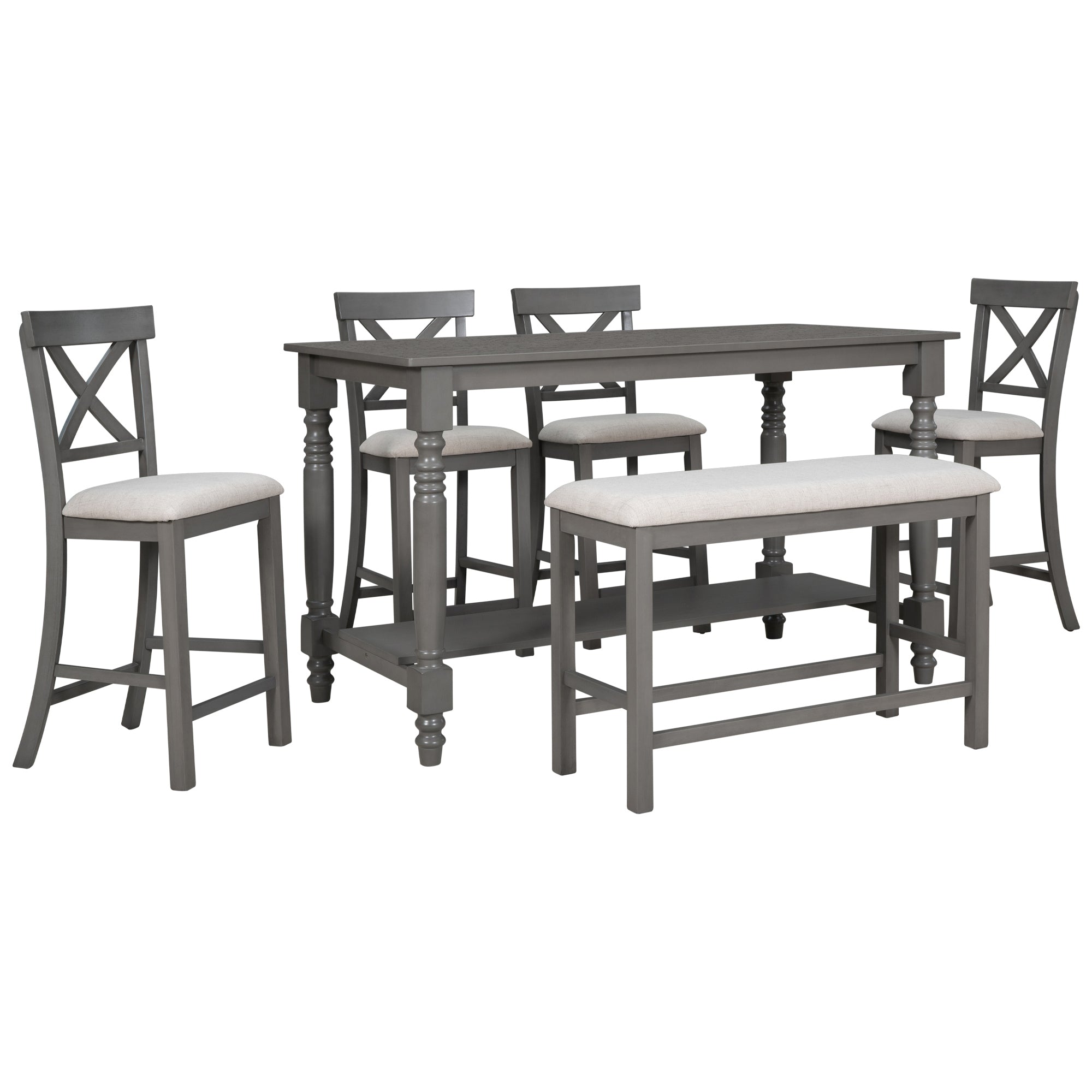 TREXM 6-Piece Counter Height Dining Table Set Table with Shelf 4 Chairs and Bench for Dining Room (Gray)