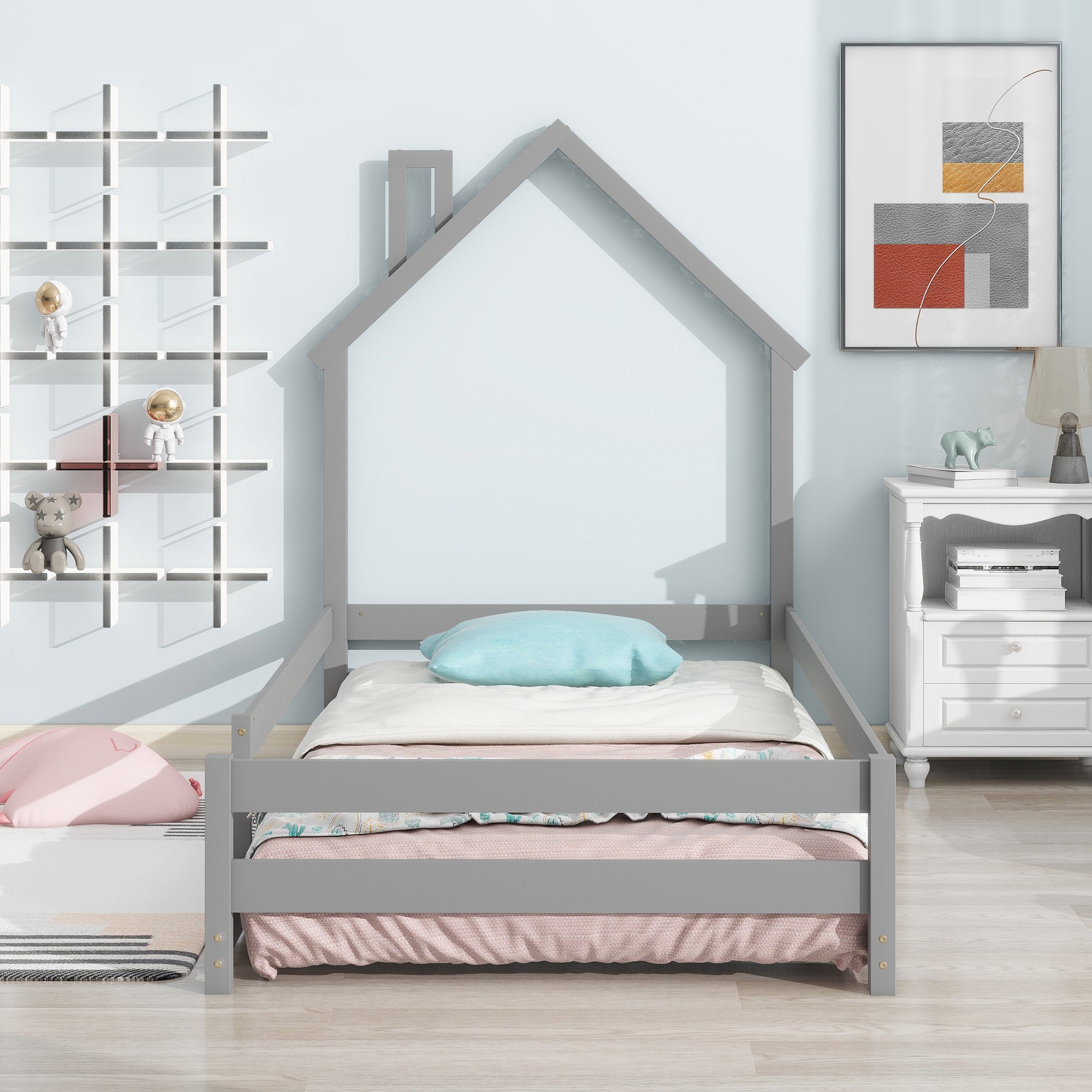 Twin Size Wood bed with House-shaped Headboard Floor bed with Fences,Grey
