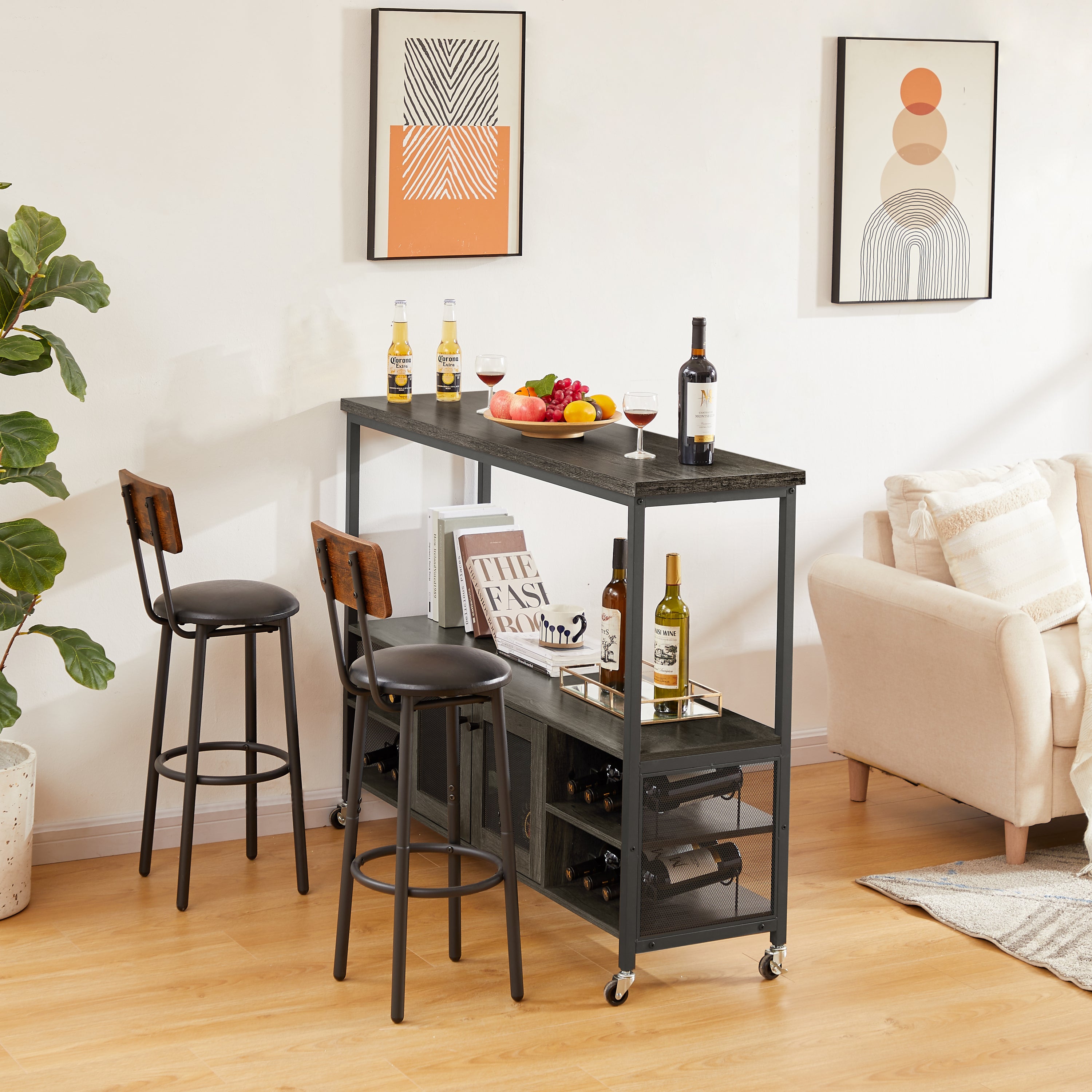 Wine shelf table, modern wine bar cabinet, console table, bar table, TV cabinet, sideboard with storage compartment, can be used in living room, dining room, kitchen, entryway, hallway.Dark Grey.