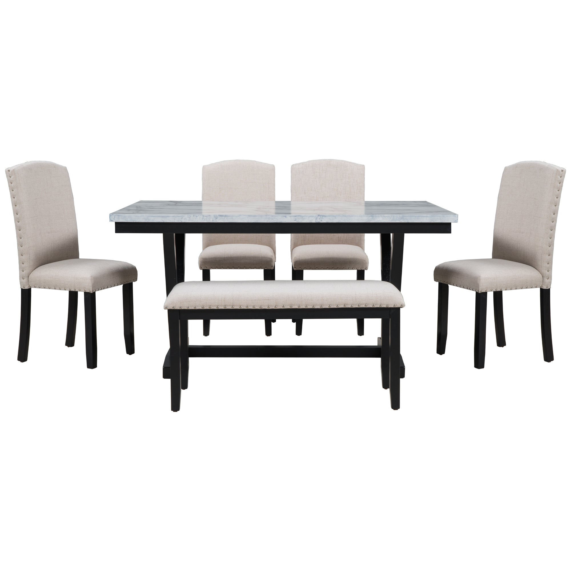 TREXM Modern Style 6-piece Dining Table with 4 Chairs & 1 Bench, Table with Marbled Veneers Tabletop and V-shaped Table Legs (White)