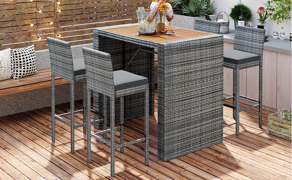 GO 5-pieces Outdoor Patio Wicker Bar Set, Bar Height Chairs With Non-Slip Feet And Fixed Rope, Removable Cushion, Acacia Wood Table Top, Brown Wood And Gray Wicker