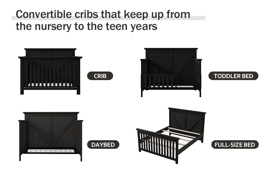 Rustic Farmhouse Style 4-in-1 Convertible Baby Crib - Converts to Toddler Bed, Daybed and Full-Size Bed, Coffee