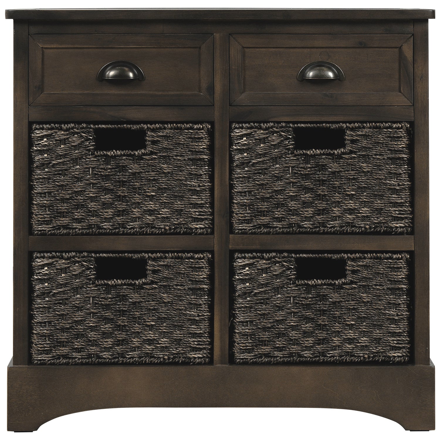 TREXM Rustic Storage Cabinet with Two Drawers and Four  Classic Rattan Basket for Dining Room/Living Room (Brown Gray)