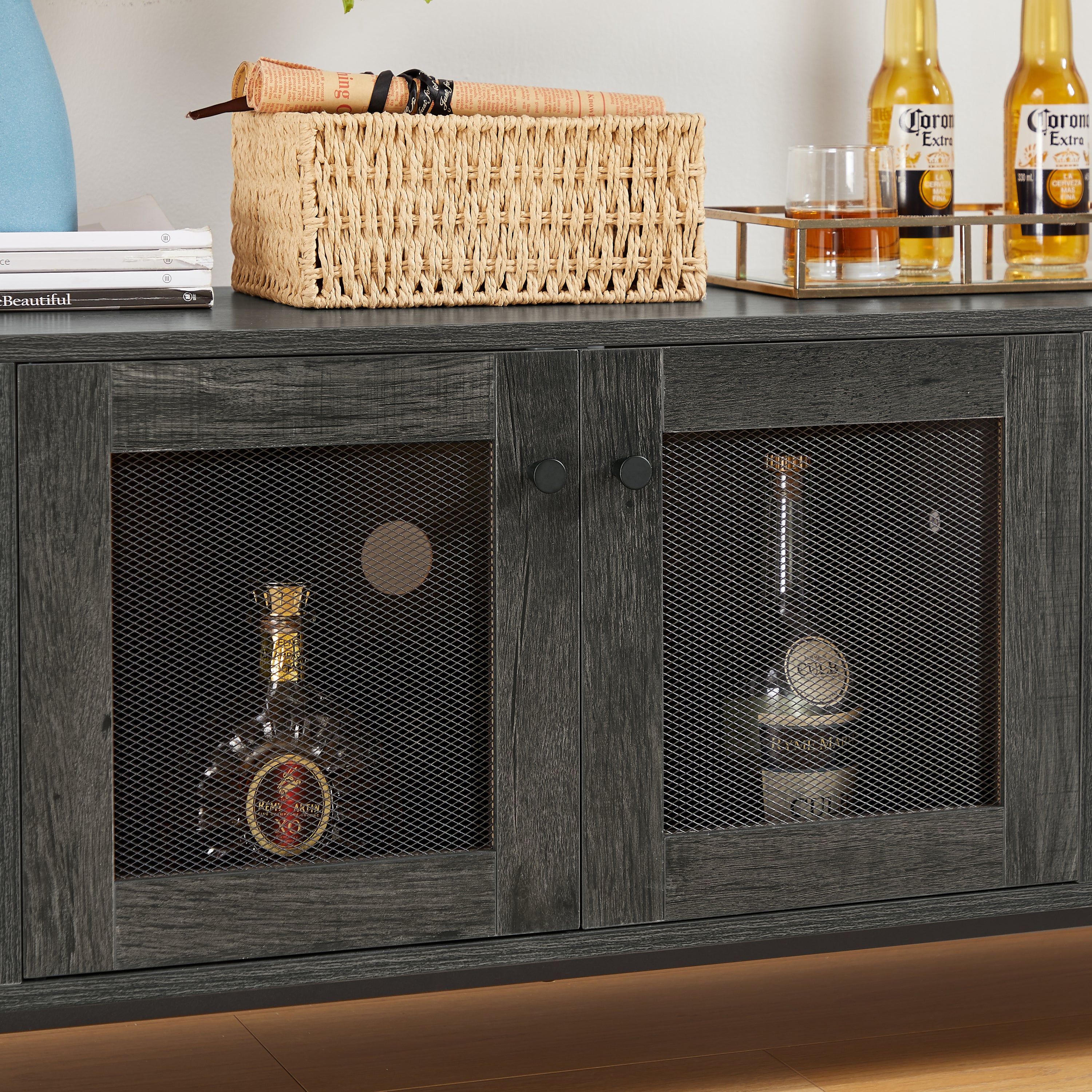 Wine shelf table, modern wine bar cabinet, console table, bar table, TV cabinet, sideboard with storage compartment, can be used in living room, dining room, kitchen, entryway, hallway.Dark Grey.