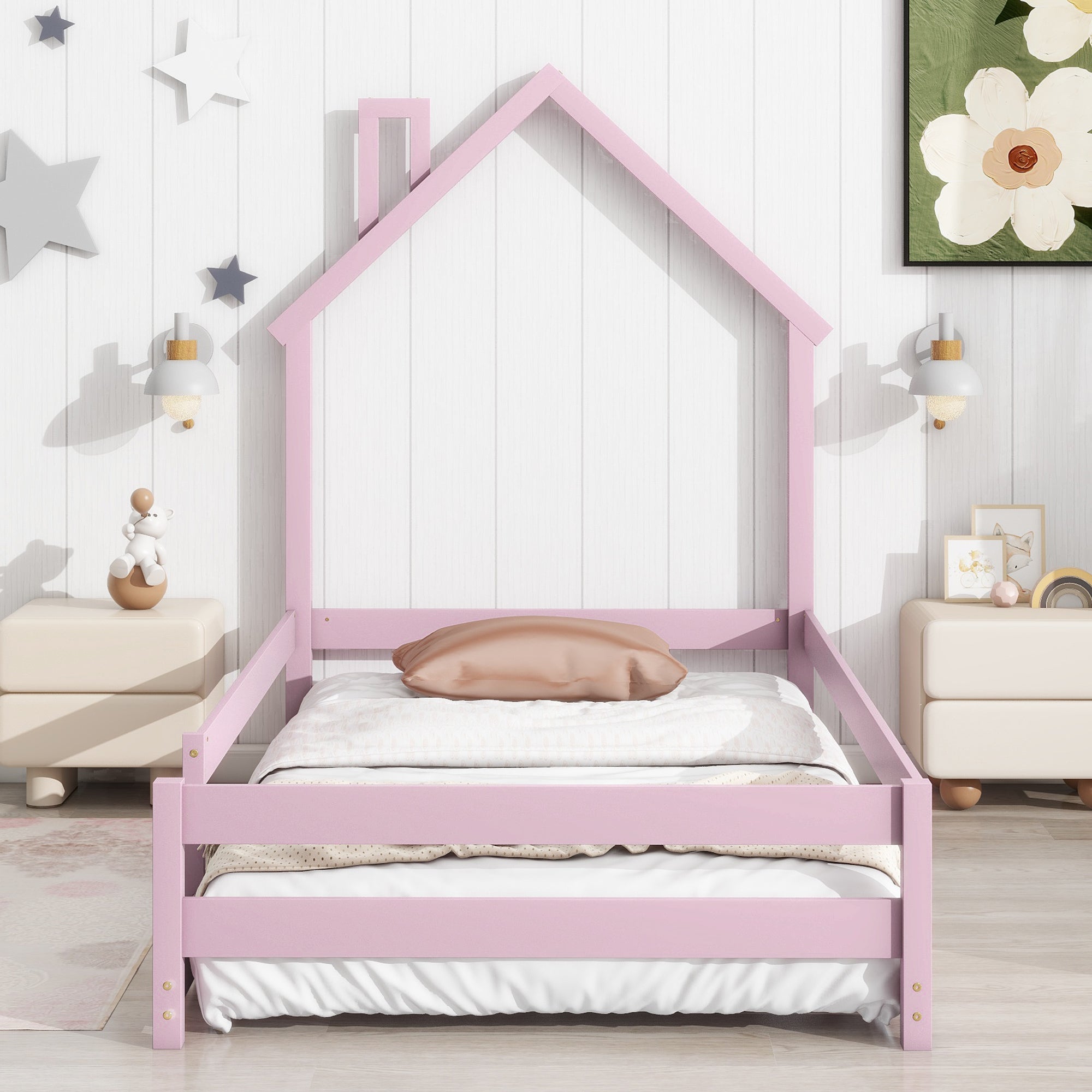 Twin Size Wood bed with House-shaped Headboard Floor bed with Fences,Pink