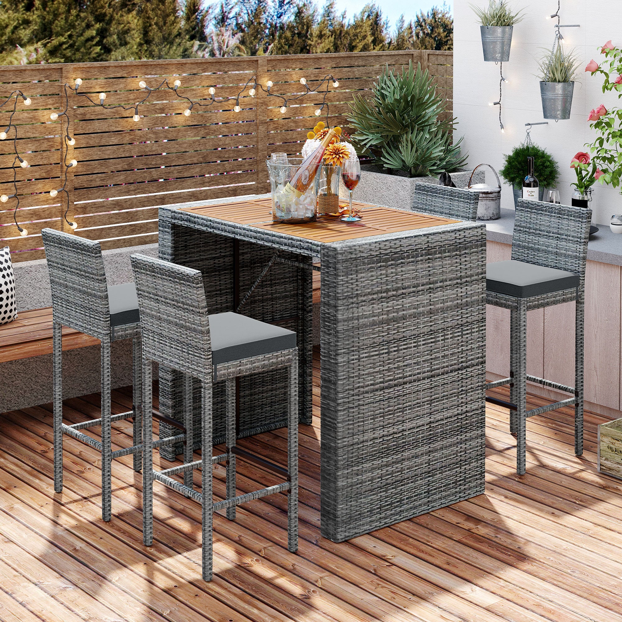 GO 5-pieces Outdoor Patio Wicker Bar Set, Bar Height Chairs With Non-Slip Feet And Fixed Rope, Removable Cushion, Acacia Wood Table Top, Brown Wood And Gray Wicker