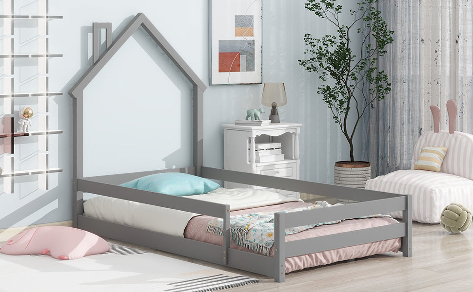 Twin Size Wood bed with House-shaped Headboard Floor bed with Fences,Grey