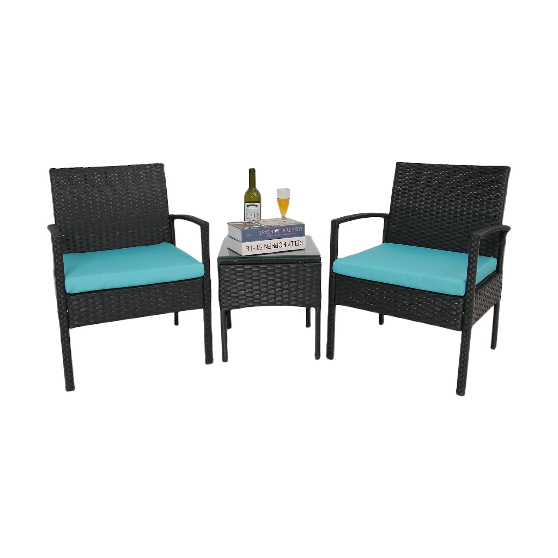 Outdoor Patio Furniture Set 3 Pieces Lakeblue Sectional Sofa Sets PE Rattan Patio Conversation Set with Coffee Tables