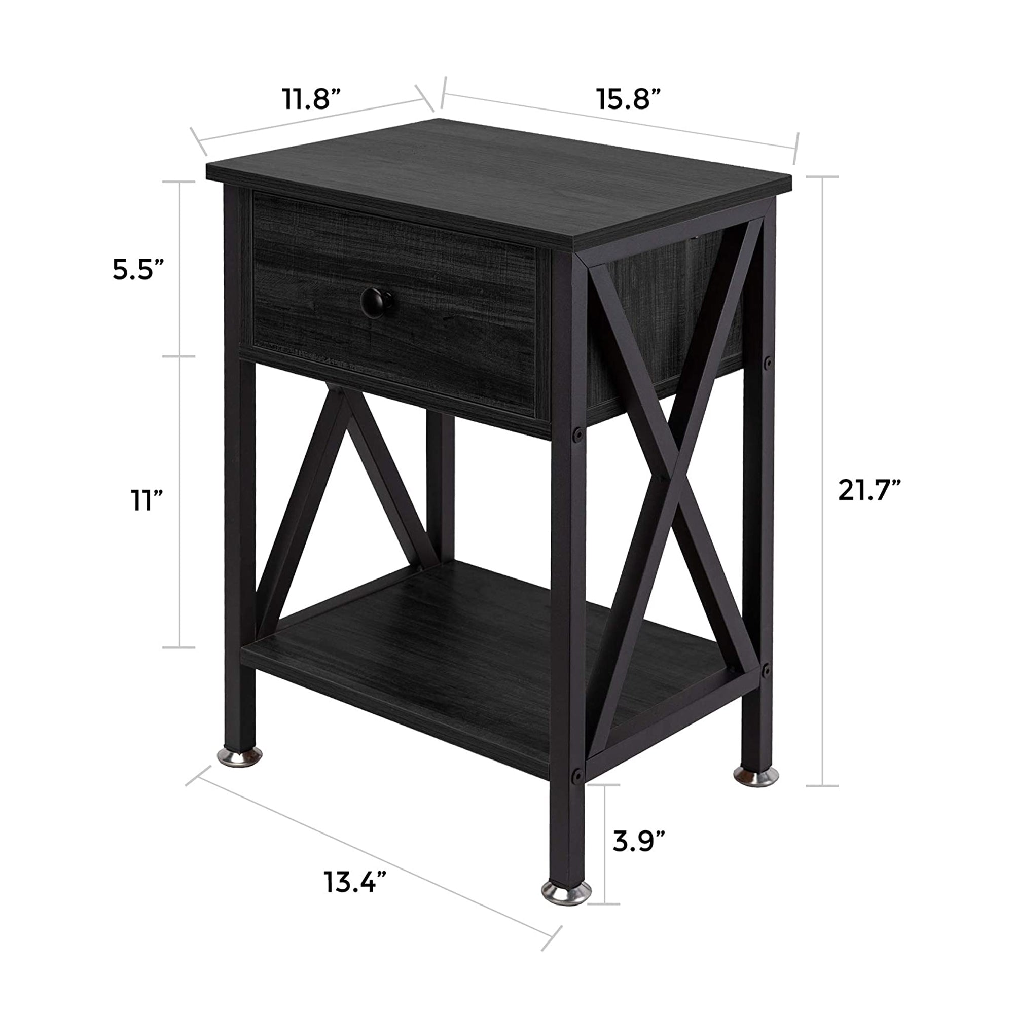 Nightstand with Drawer and Open Storage Shelves, Bedside End Table for Bedroom Living Room, Black