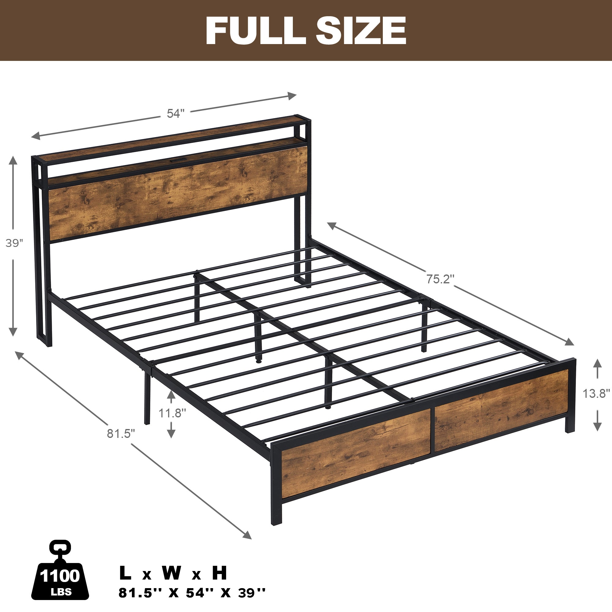 Industrial Full Bed Frame with LED Lights and 2 USB Ports, Bed Frame Full Size with Storage, Noise Free, No Box Spring Needed, Rustic Brown