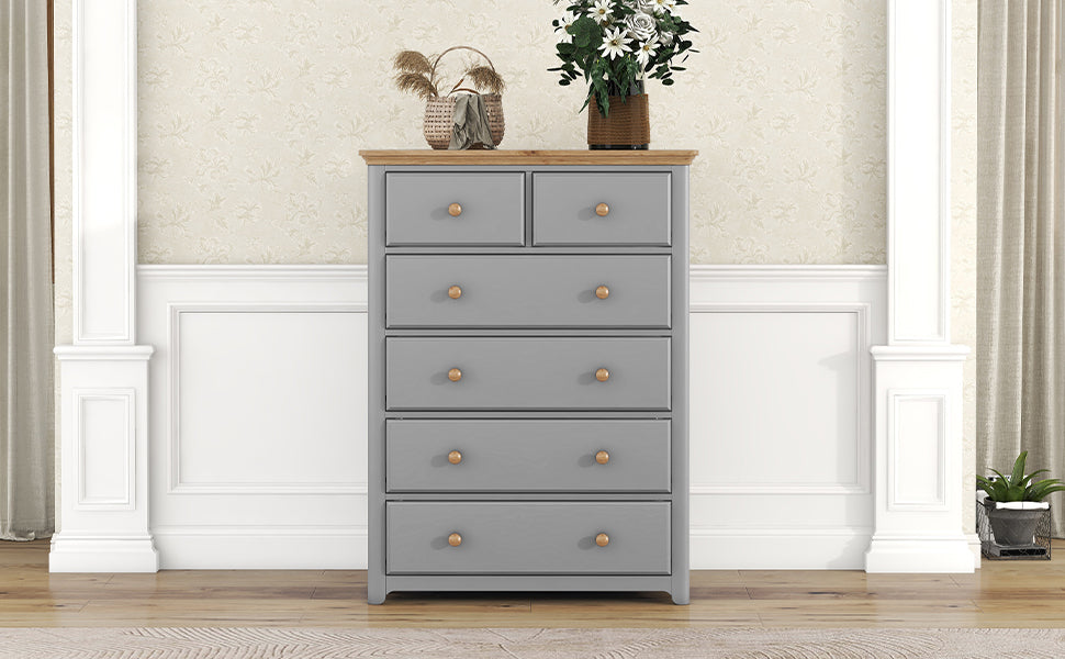 Rustic Wooden Chest with 6 Drawers,Storage Cabinet for Bedroom,Gray+Natrual