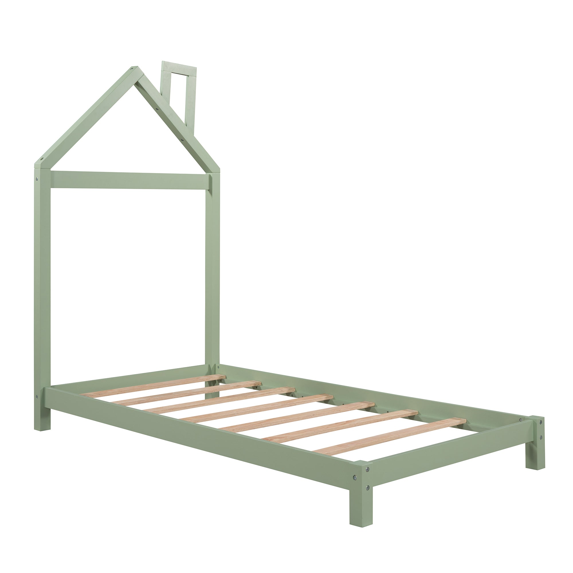 Twin Size Wood Platform Bed with House-shaped Headboard  (Green)