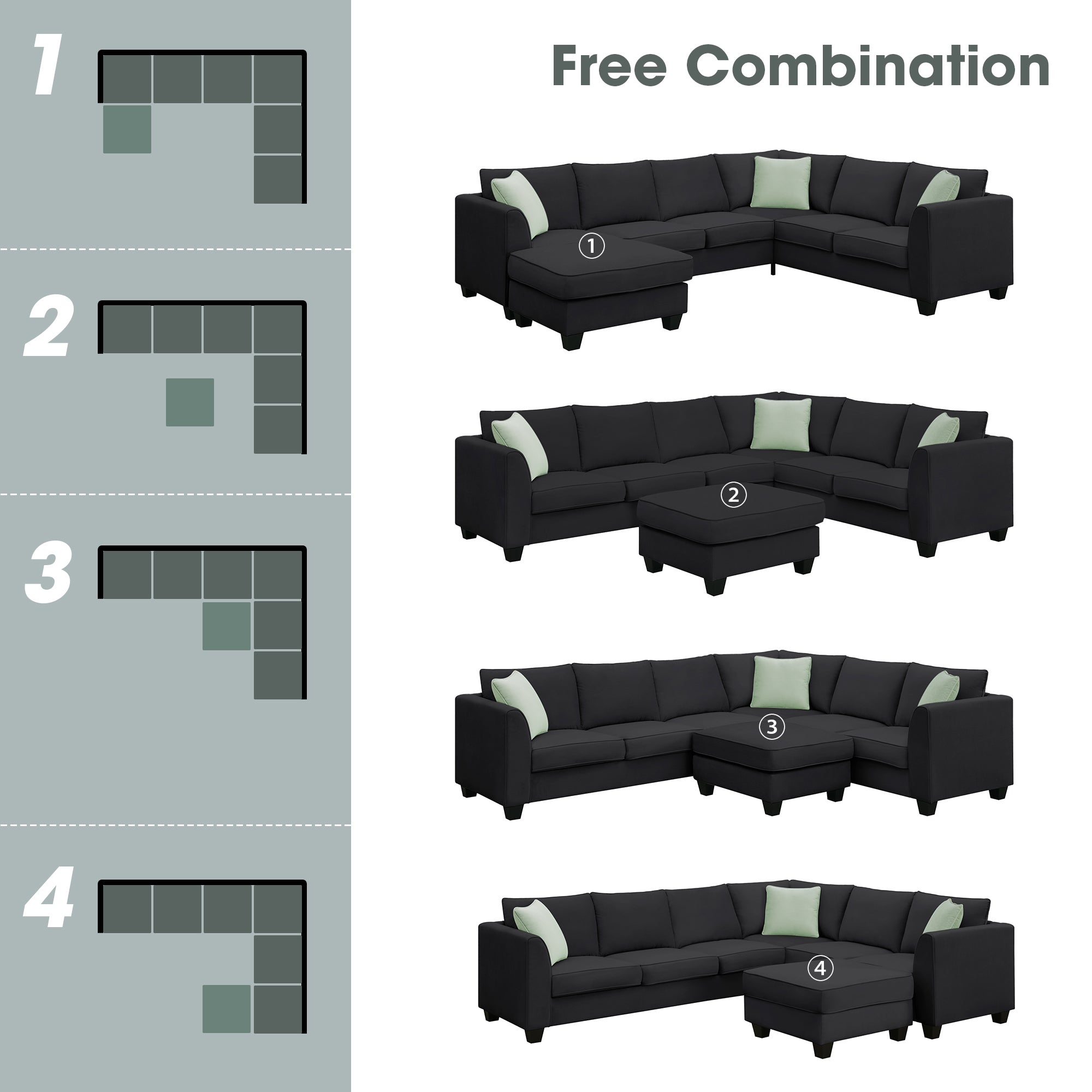 [VIDEO provided] 112*87" Sectional Sofa Couches Living Room Sets 7 Seats Modular Sectional Sofa with Ottoman L Shape Fabric Sofa Corner Couch Set with 3 Pillows, Black
