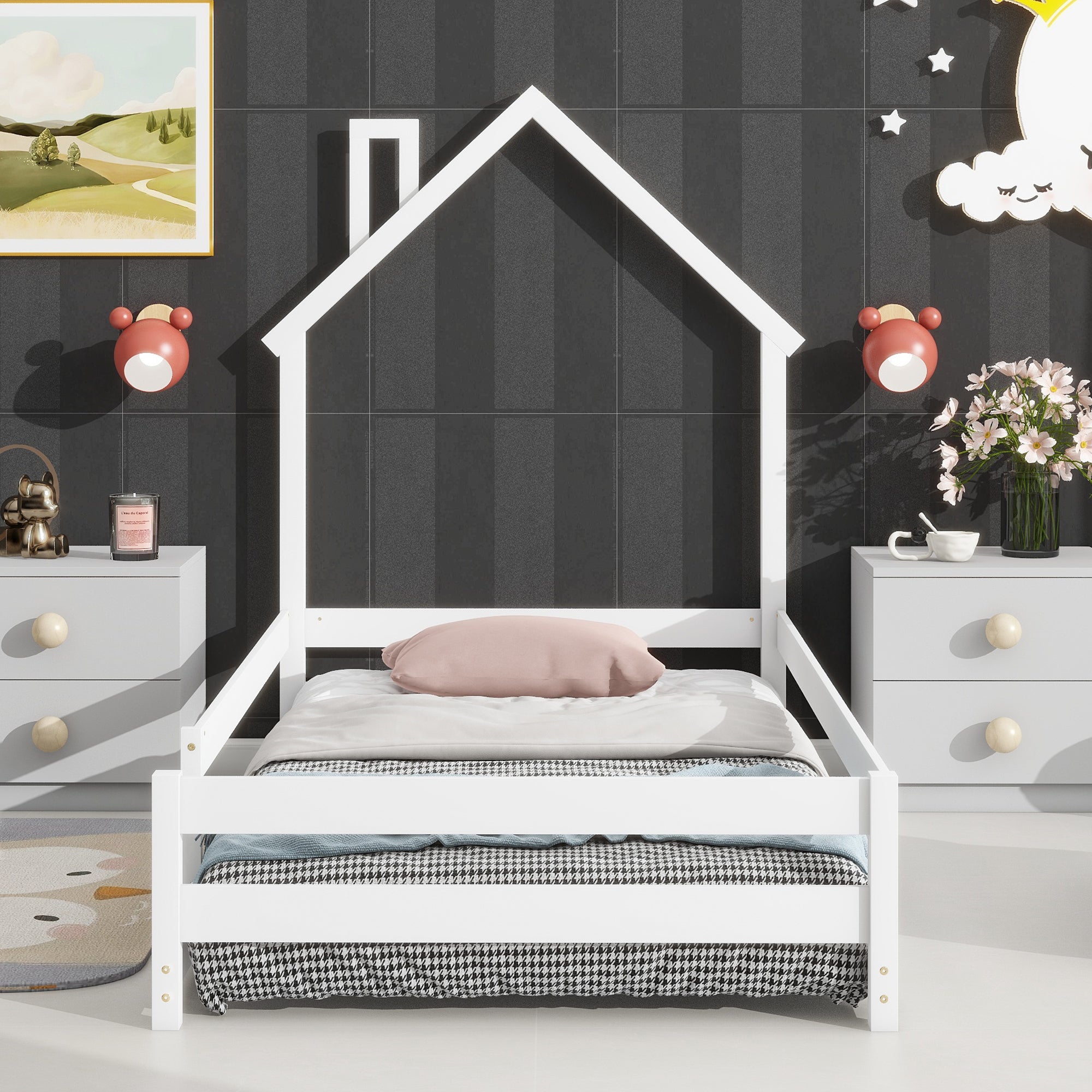 Twin Size Wood bed with House-shaped Headboard Floor bed with Fences,White