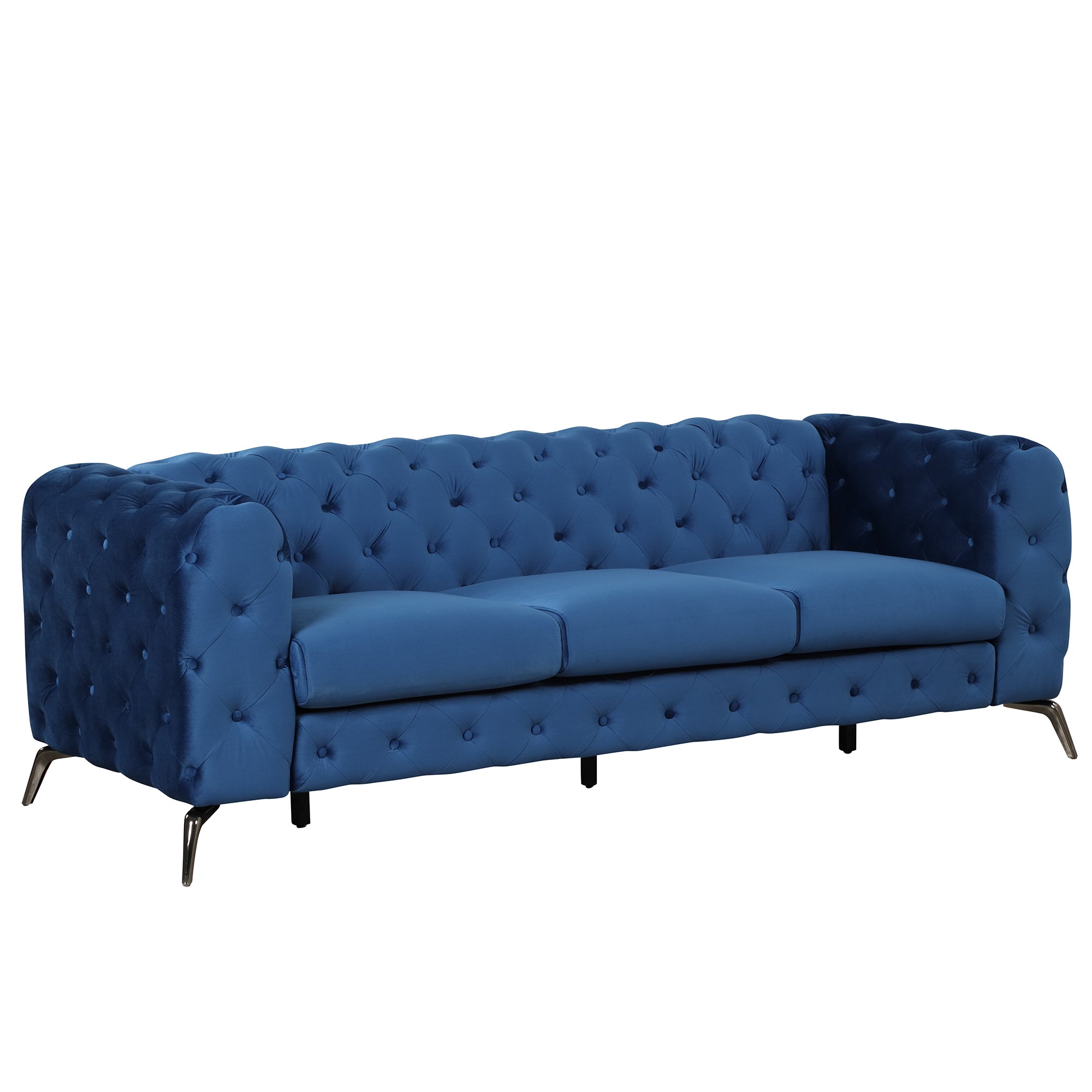 85.5" Velvet Upholstered Sofa with Sturdy Metal Legs,Modern Sofa Couch with Button Tufted Back, 3 Seater Sofa Couch for Living Room,Apartment,Home Office,Blue