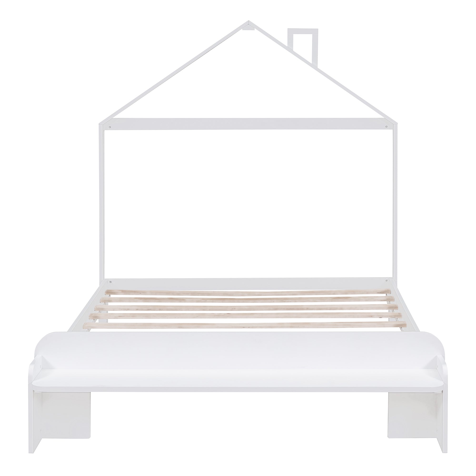 Full Size Wood Platform Bed with House-shaped Headboard and Footboard Bench,White