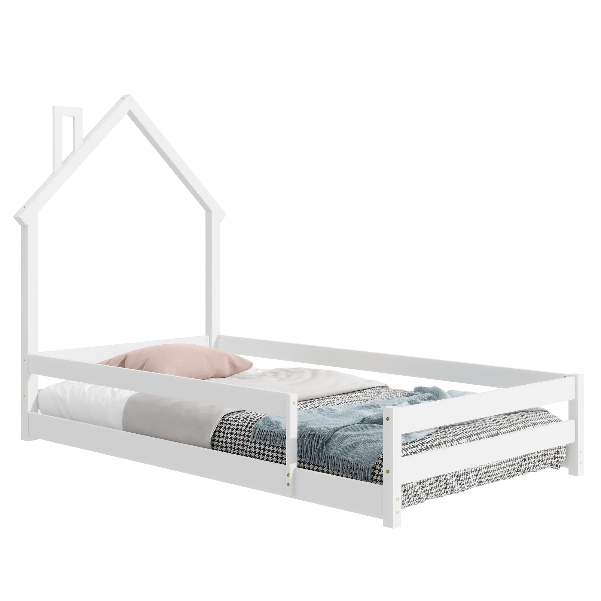 Twin Size Wood bed with House-shaped Headboard Floor bed with Fences,White