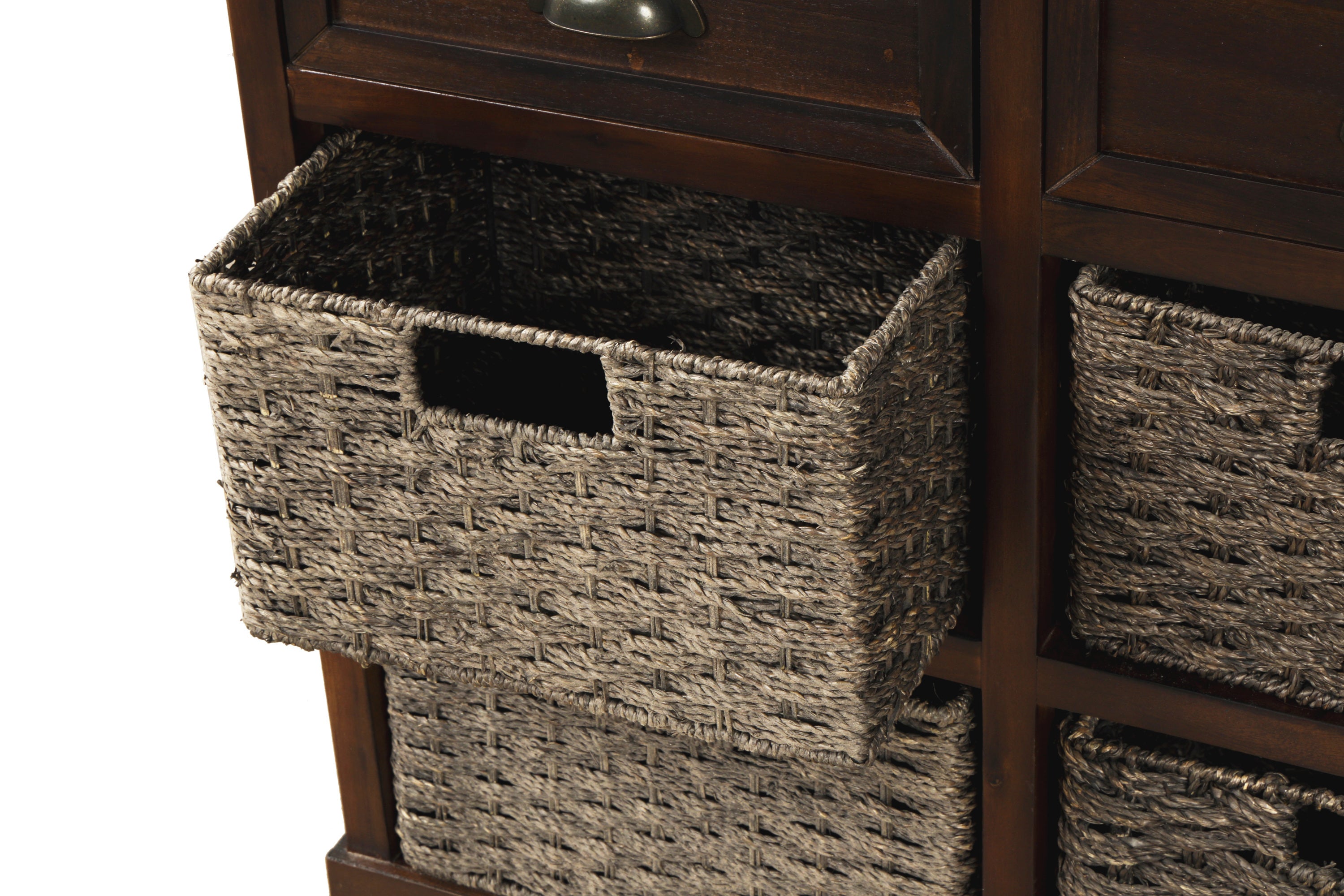 TREXM Rustic Storage Cabinet with Two Drawers and Four Classic Rattan Basket for Dining Room/Living Room (Espresso)