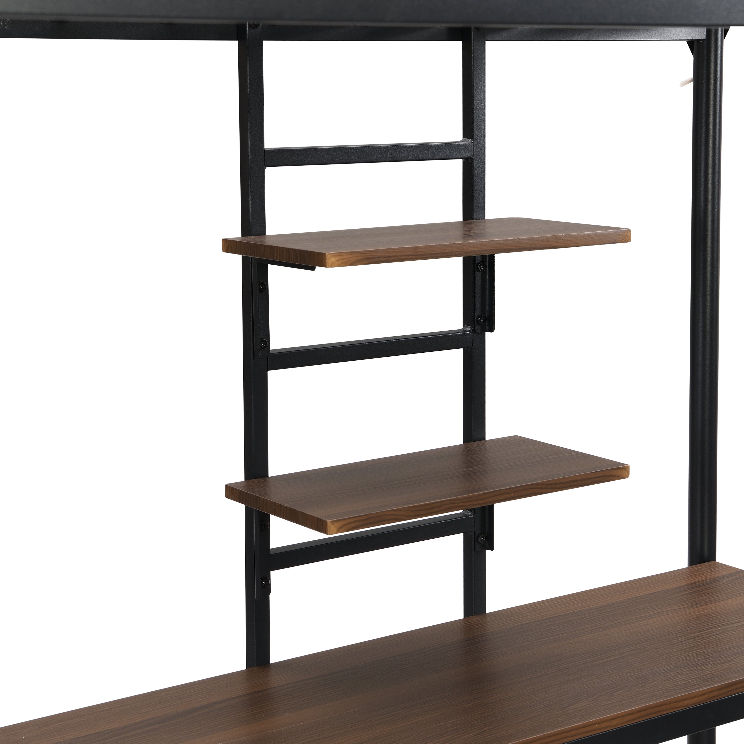 Metal twin loft bed with desk and storage shelves