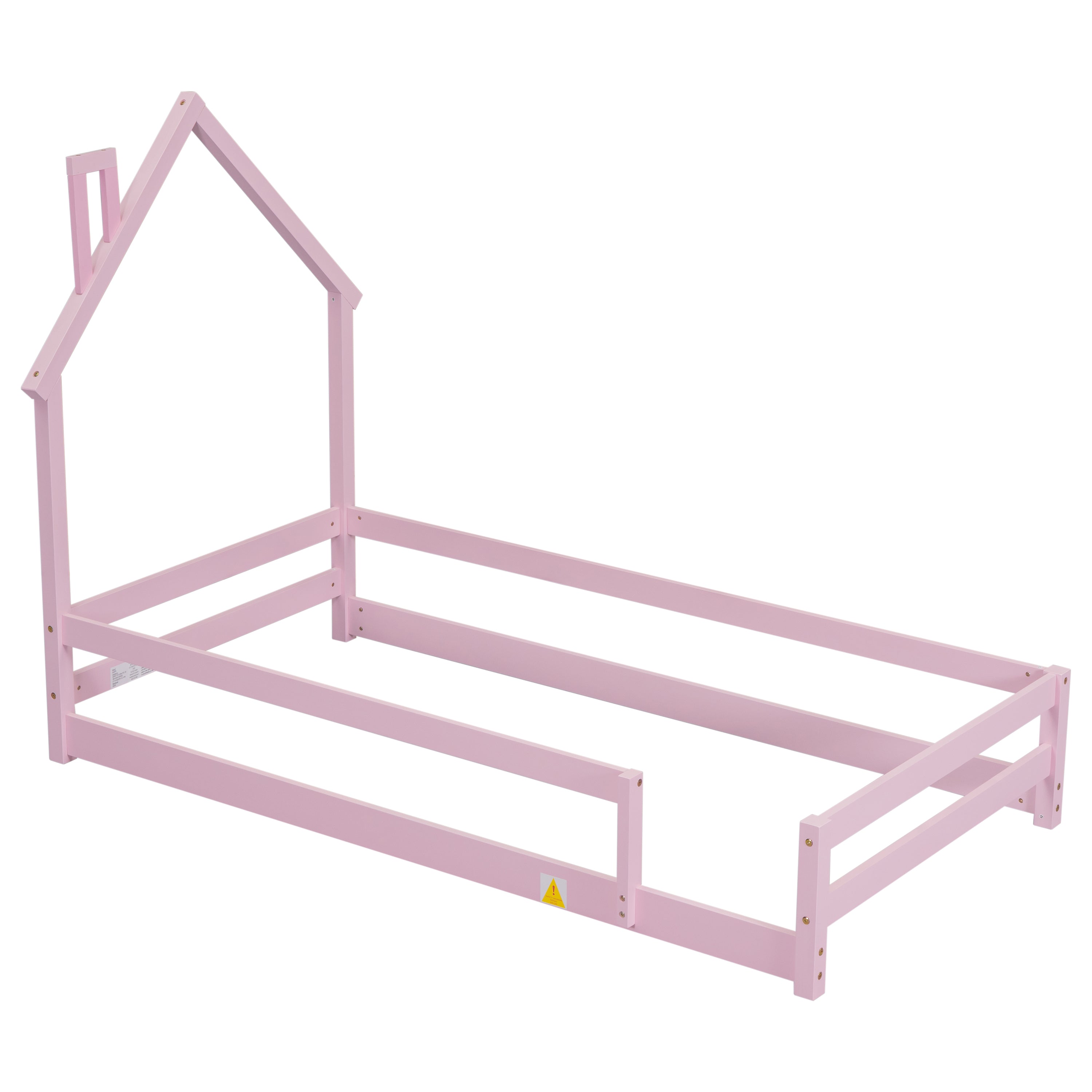 Twin Size Wood bed with House-shaped Headboard Floor bed with Fences,Pink