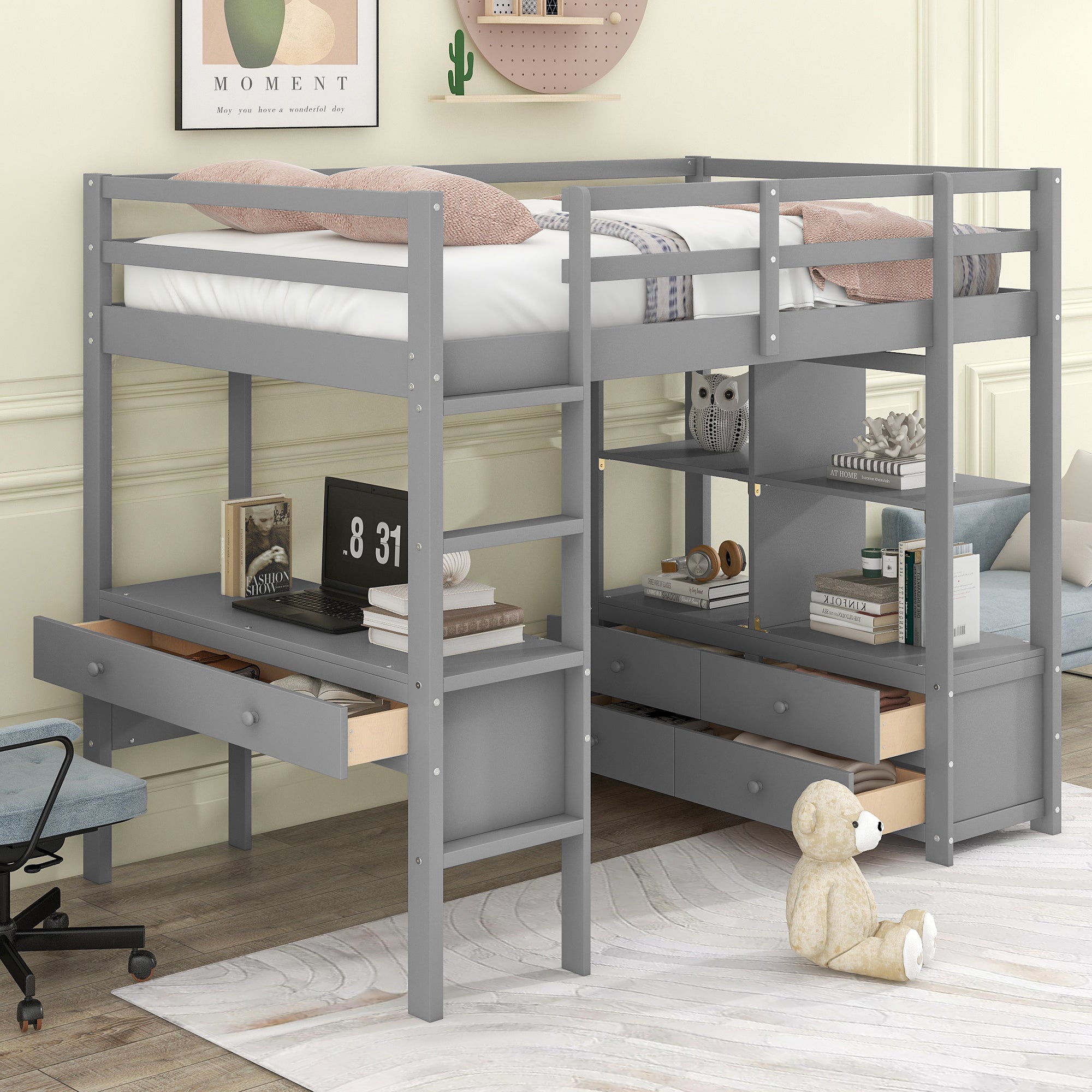 Twin  Size Loft Bed with Built-in Desk with Two Drawers, and Storage Shelves and Drawers,Gray