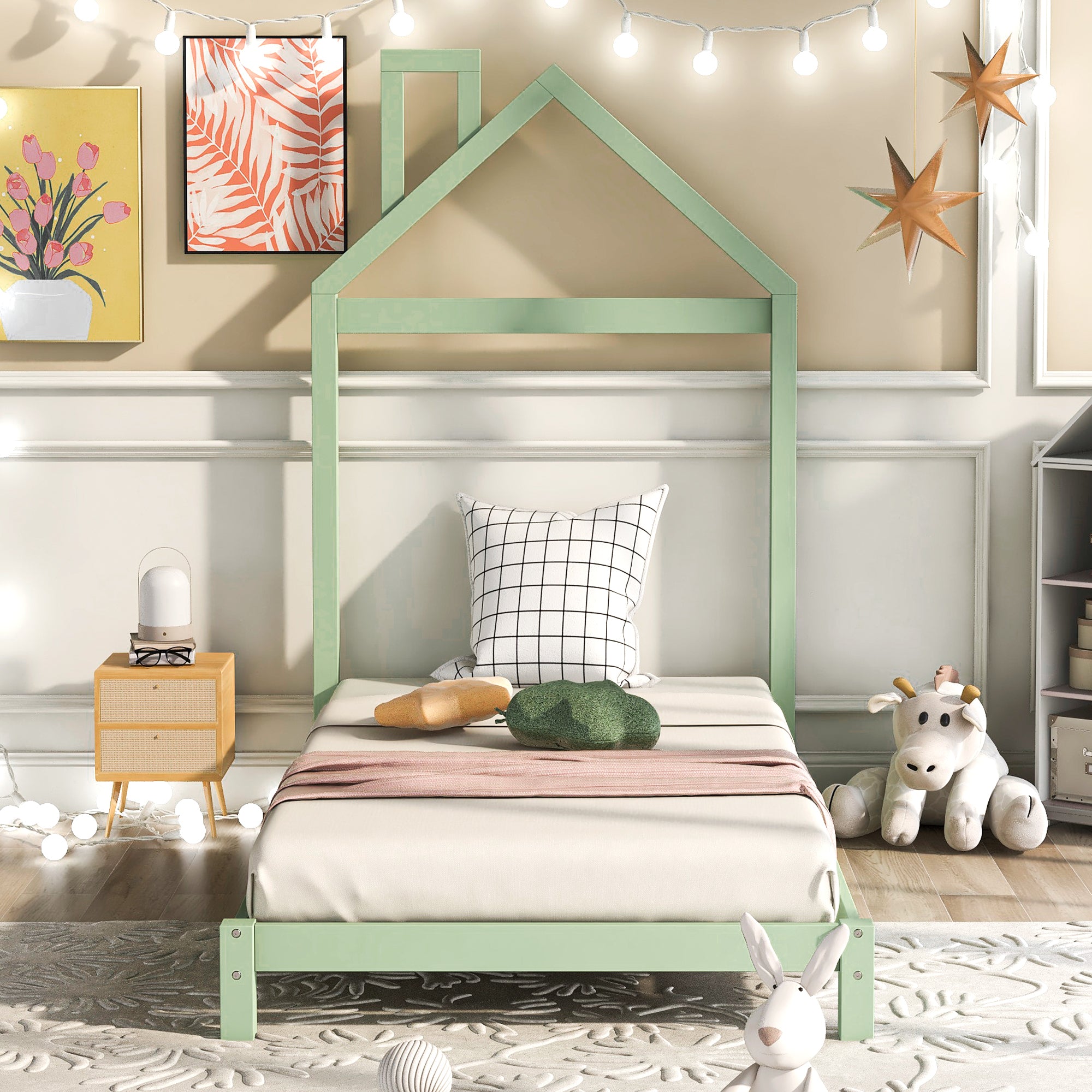 Twin Size Wood Platform Bed with House-shaped Headboard  (Green)