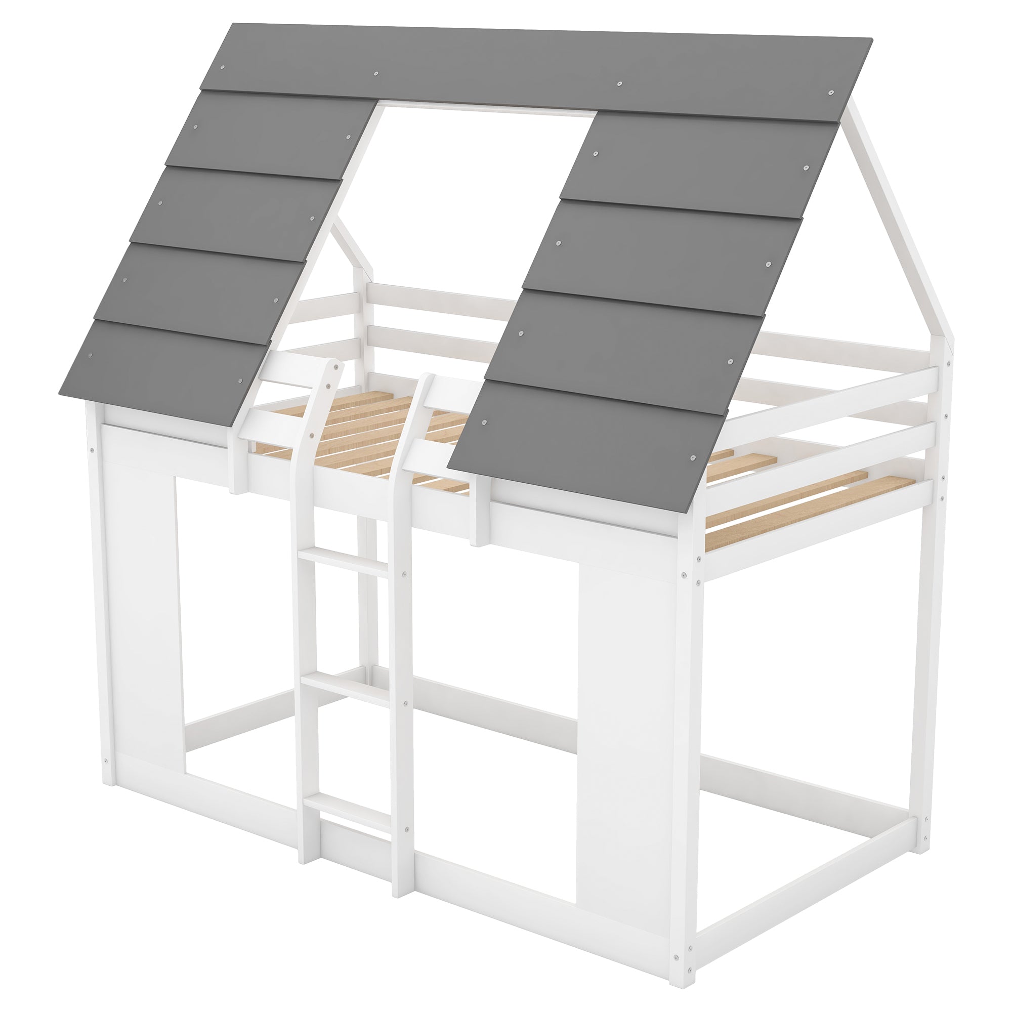 House Bunk Bed with Roof and Built-in Ladder,White(OLD SKU:GX000517AAK)