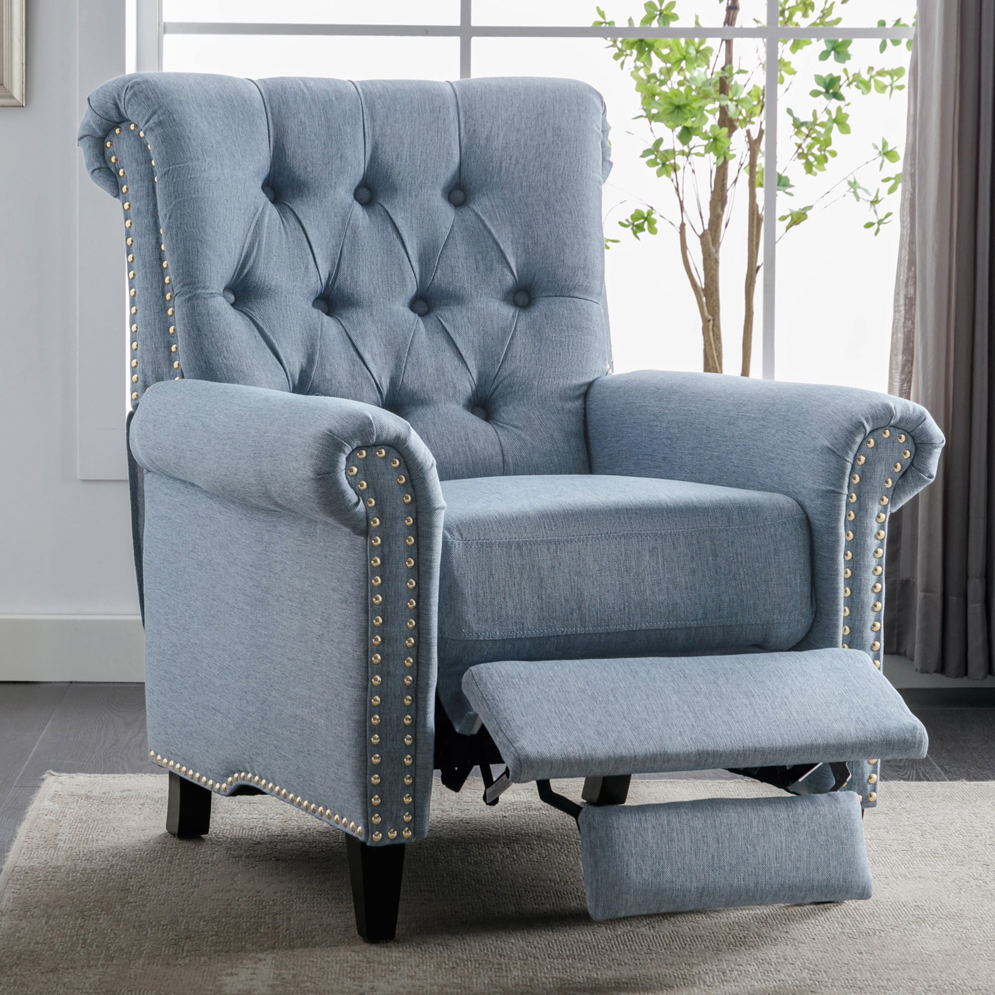 Pushback Linen Tufted Recliner Single Sofa with Nailheads Roll Arm for Living Room, Bedroom, Office, Blue