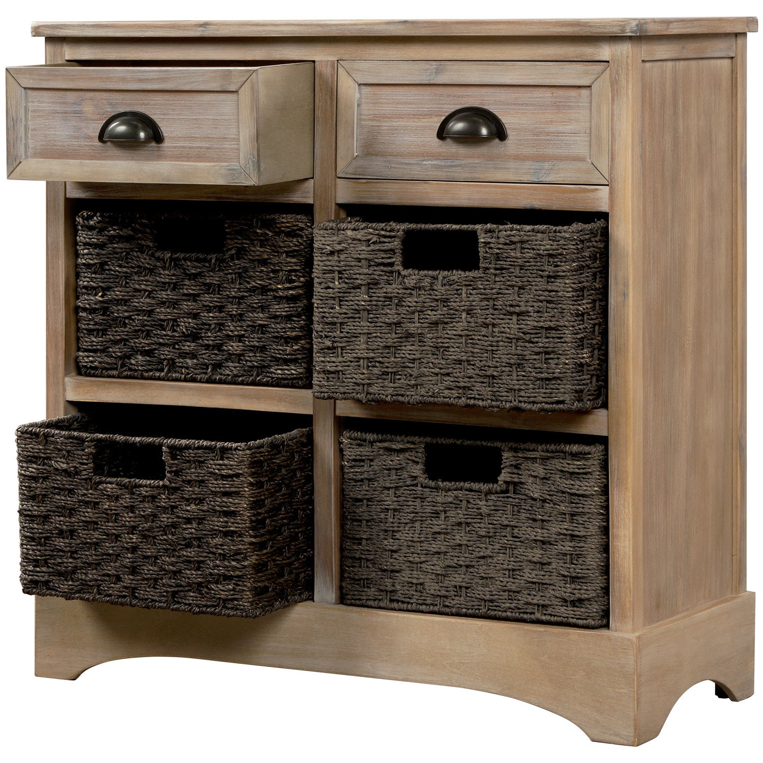 TREXM Rustic Storage Cabinet with Two Drawers and Four Classic Rattan Basket for Dining Room/Living Room (White Washed)