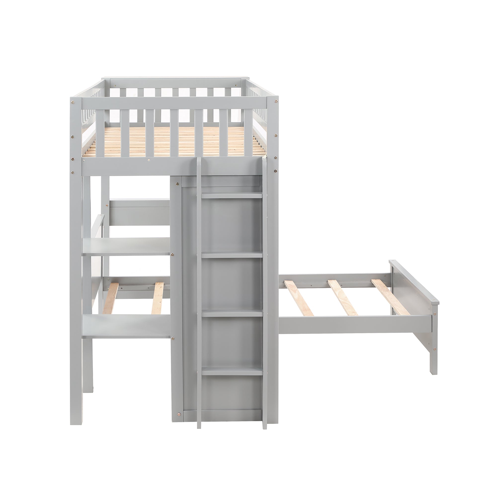 Twin Size Loft Bed with Closet and Desk, Extra Bottom Twin Bed, Grey