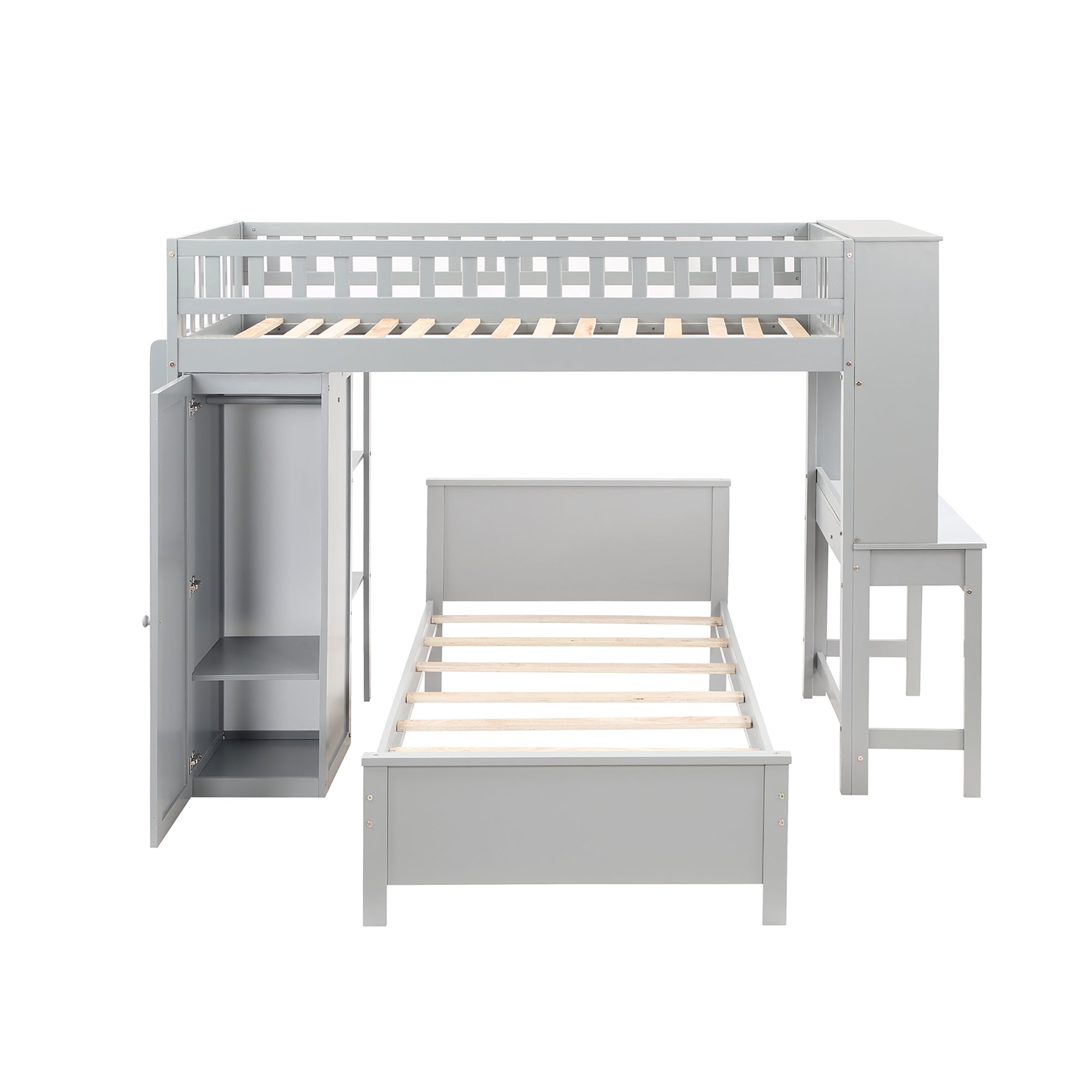 Twin Size Loft Bed with Closet and Desk, Extra Bottom Twin Bed, Grey