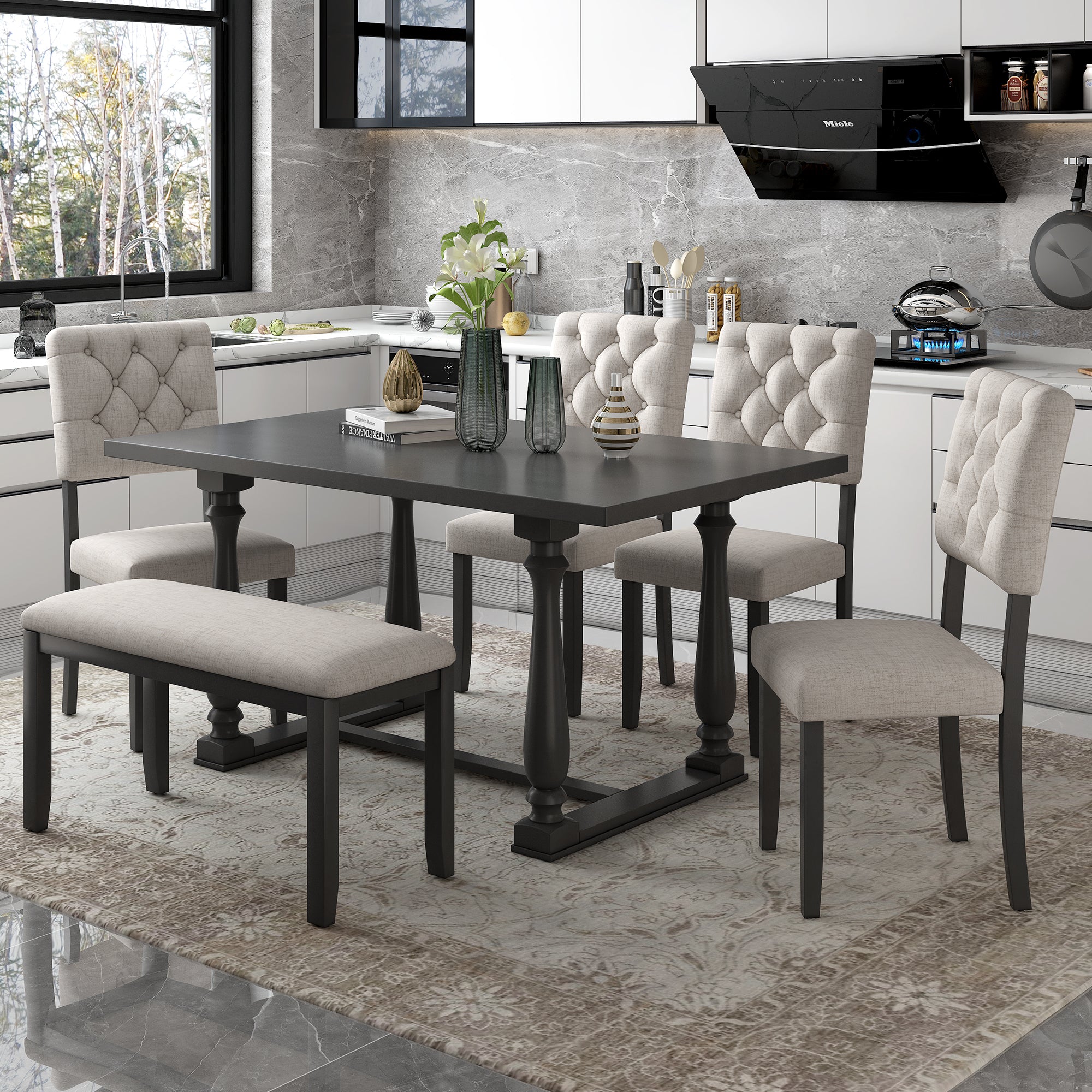TREXM 6-Piece Dining Table and Chair Set with Special-shaped Legs and Foam-covered Seat Backs&Cushions for Dining Room (Gary)