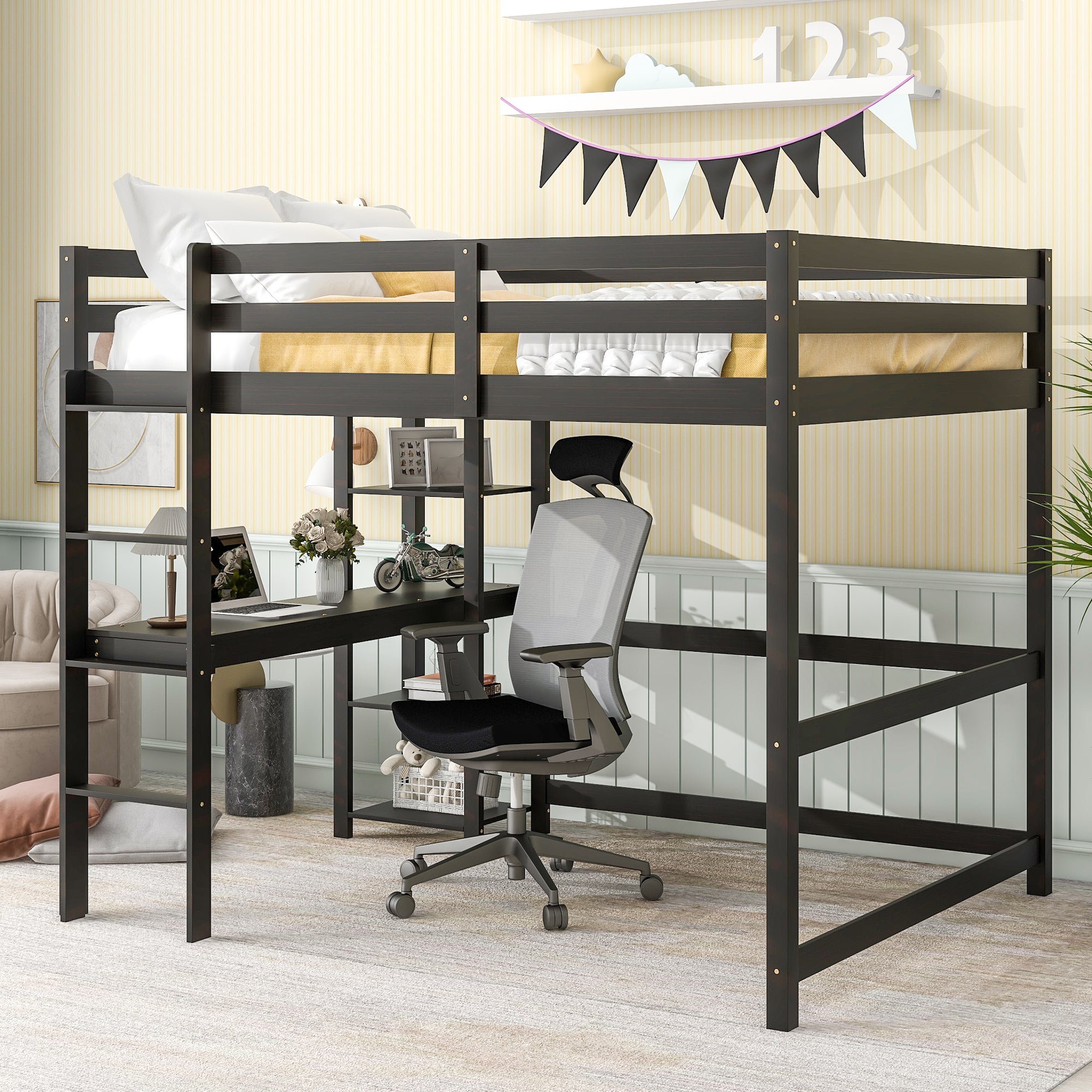 Full Loft Bed with Desk and Shelves,Espresso