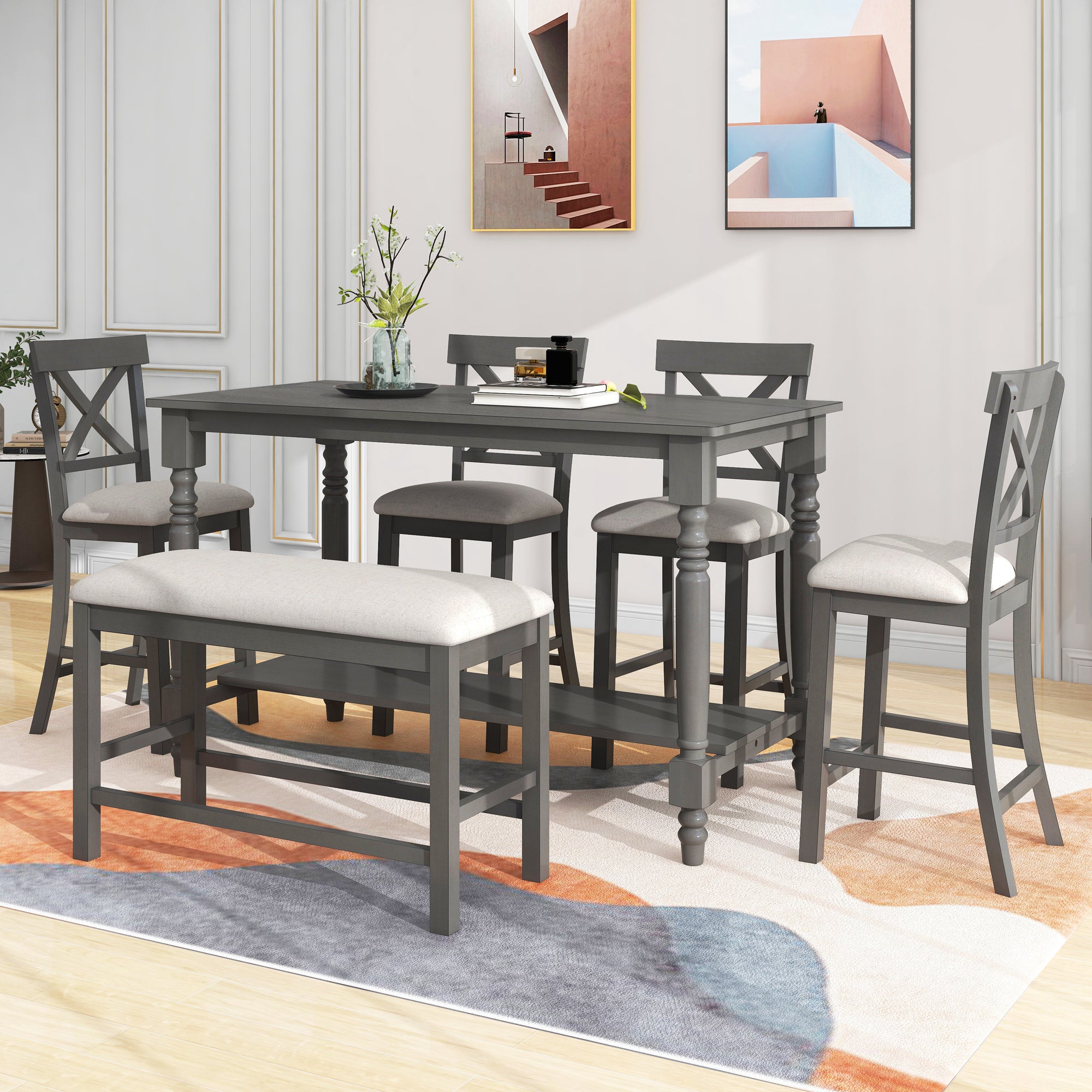 TREXM 6-Piece Counter Height Dining Table Set Table with Shelf 4 Chairs and Bench for Dining Room (Gray)