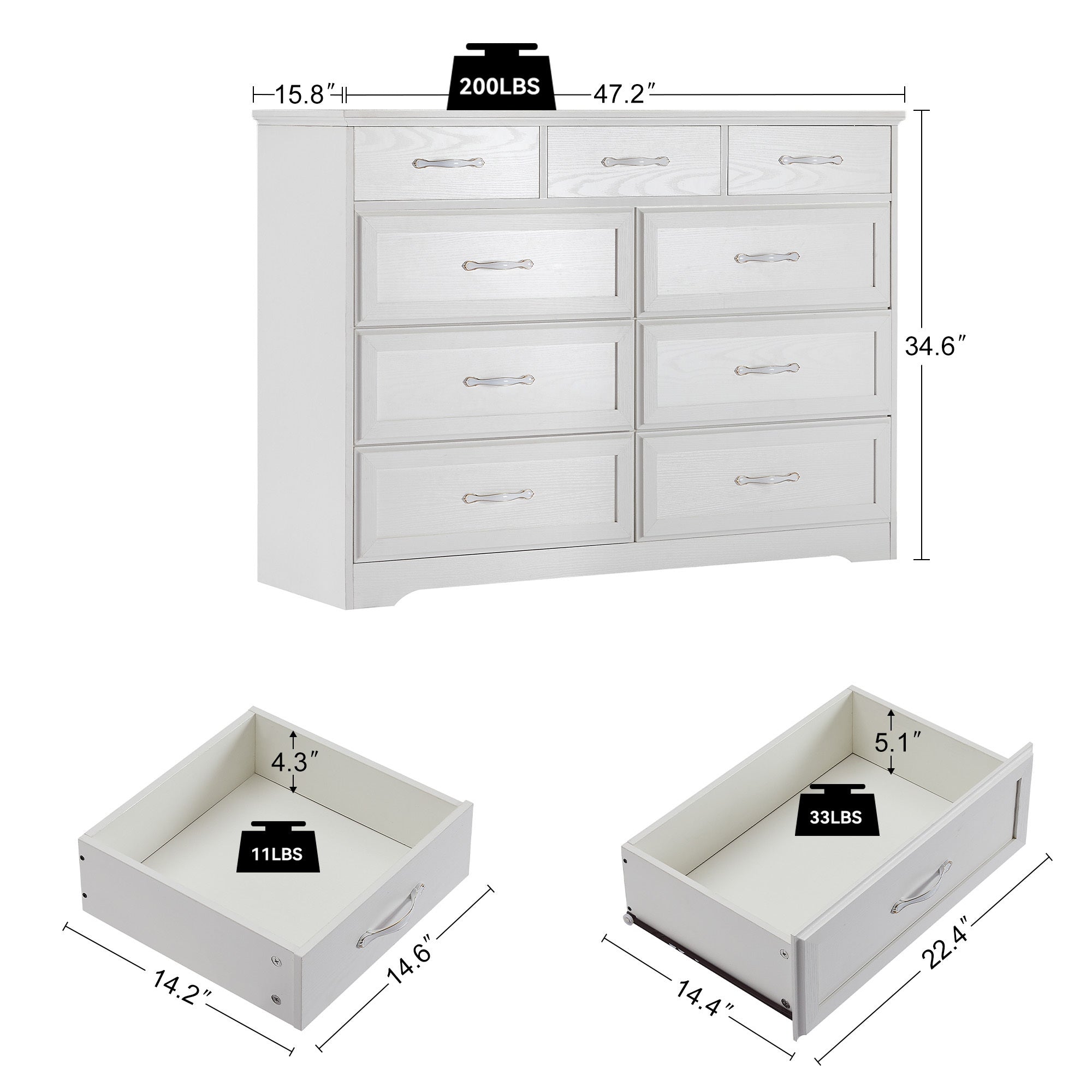 Bedroom dresser, 9 drawer long dresser with antique handles, wood chest of drawers for kids room, living room, entry and hallway, White, 47.2''W x 15.8''D x 34.6''H.