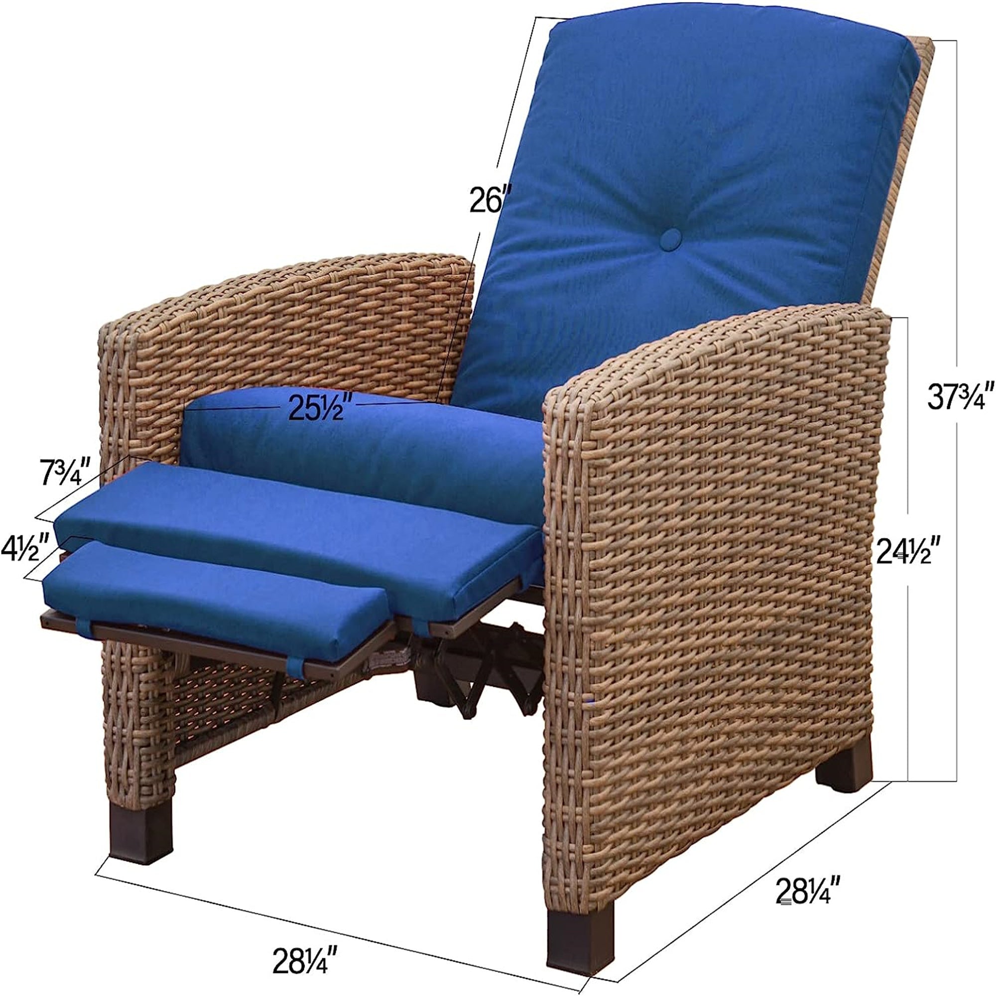 Indoor & Outdoor Recliner, All-Weather Wicker Reclining Patio Chair, Blue Cushion (Blue,1 Chair)