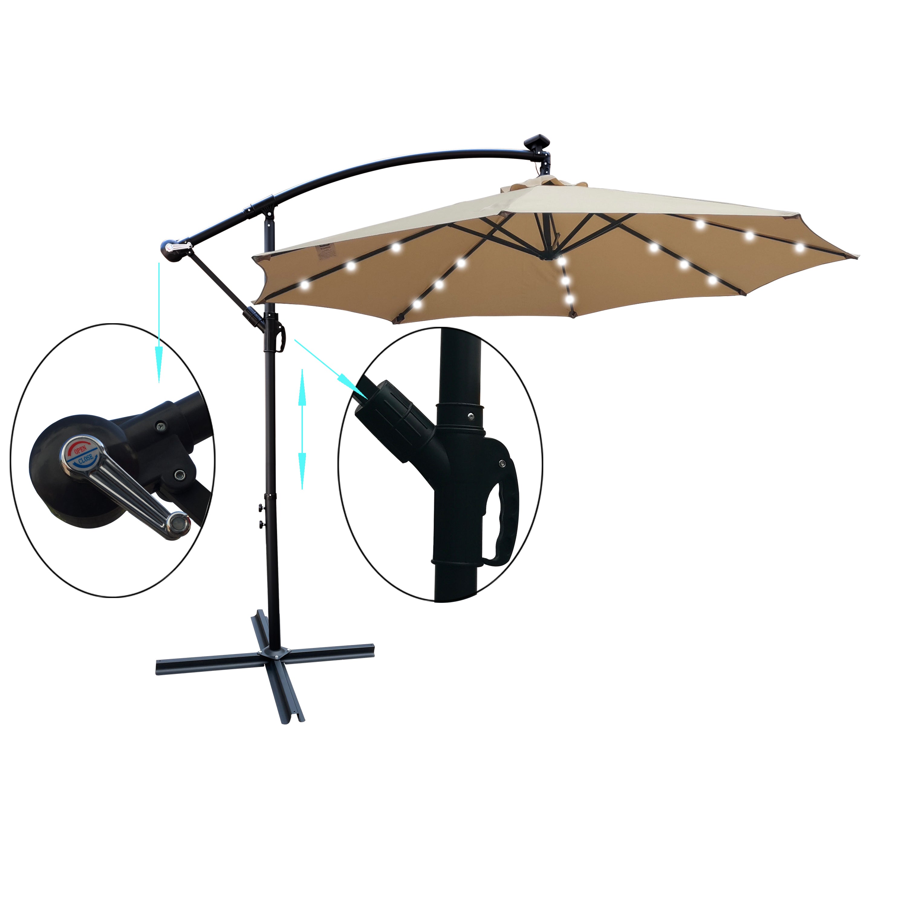 Tan 10 ft Outdoor Patio Umbrella Solar Powered LED Lighted Sun Shade Market Waterproof 8 Ribs Umbrella with Crank and Cross Base for Garden Deck Backyard Pool Shade Outside Deck Swimming Pool