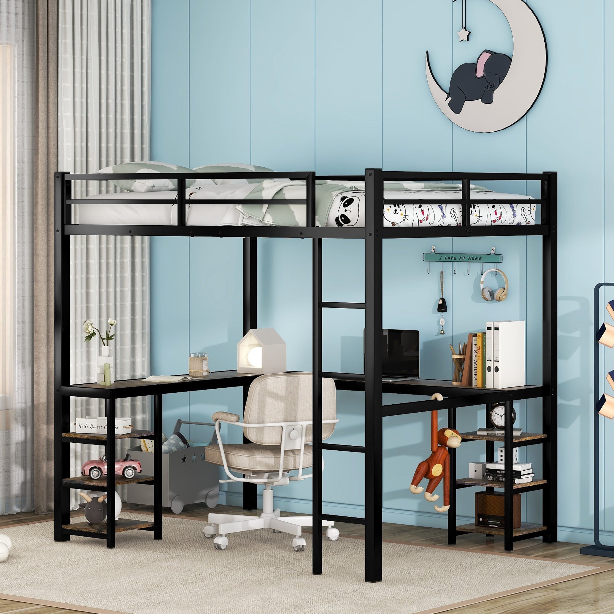 Full Metal Loft Bed with Desk and Shelves, Loft Bed with Ladder and Guardrails, Loft Bed Frame for Bedroom (Black) (Old SKU: W1307S00009)