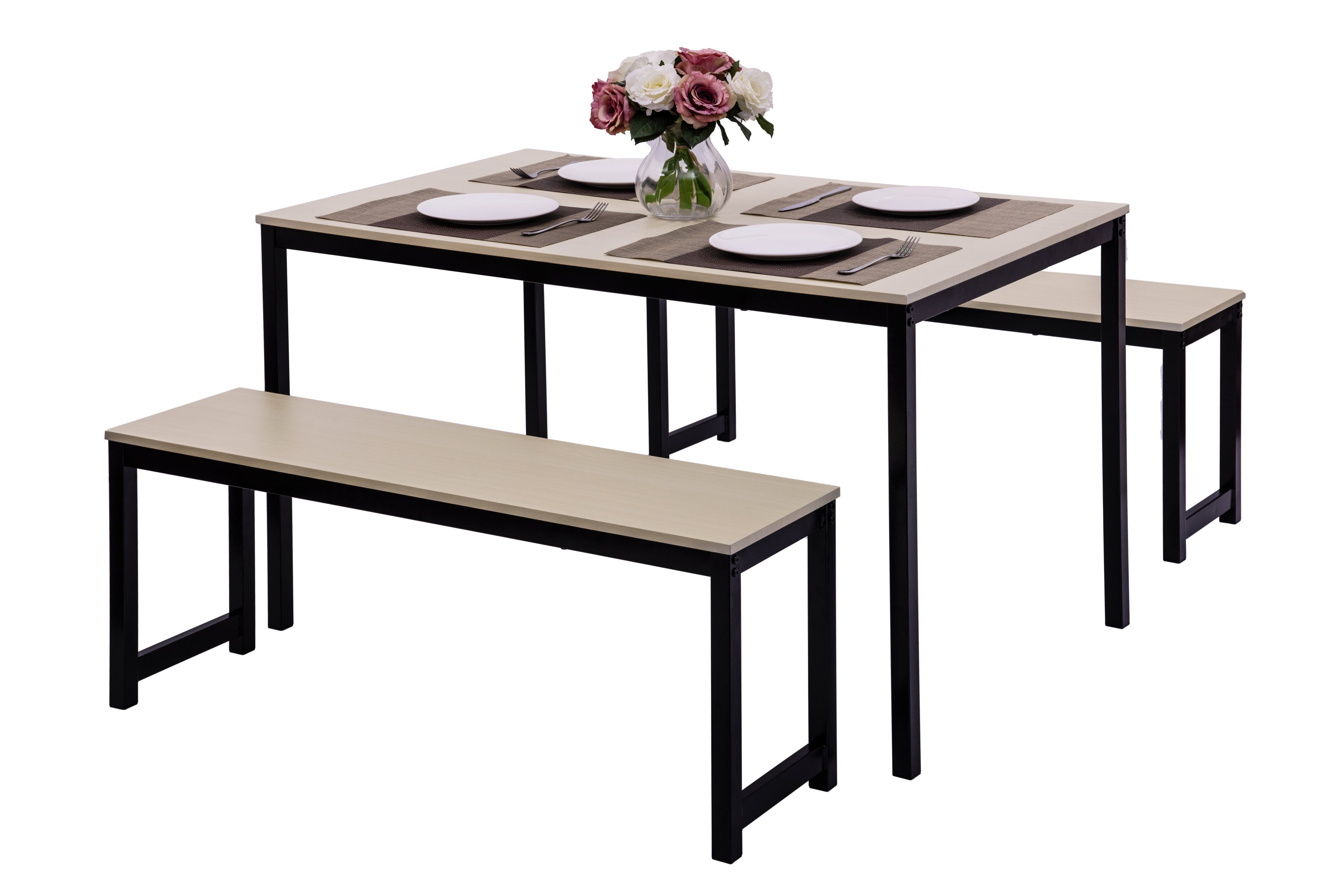 U_STYLE 3 Piece Dining set with Two benches, Modern Dining Room Furniture