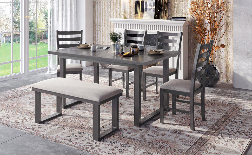 TREXM 6-Pieces Family Furniture, Solid Wood Dining Room Set with Rectangular Table & 4 Chairs with Bench(Gray)