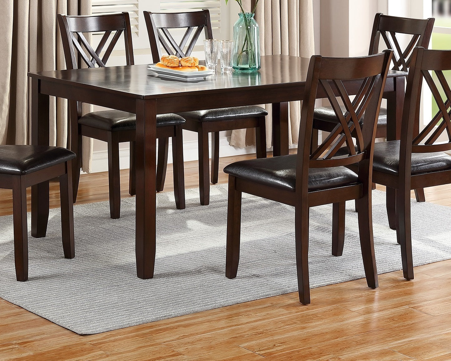 7pcs Dining Set Dining Table 6 Side Chairs Clean Espresso Finish Cushion Seats X Design back Chairs