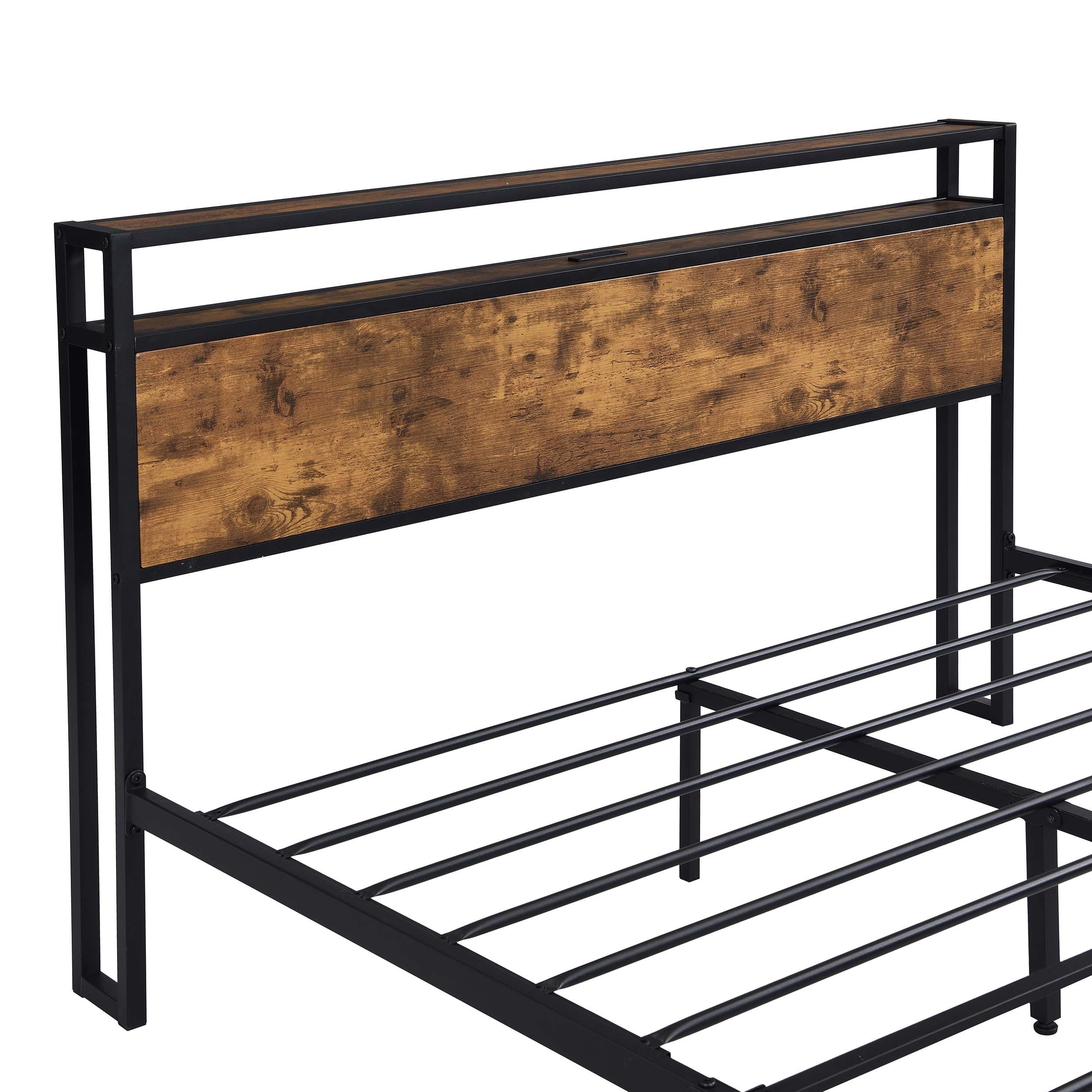 Industrial Full Bed Frame with LED Lights and 2 USB Ports, Bed Frame Full Size with Storage, Noise Free, No Box Spring Needed, Rustic Brown