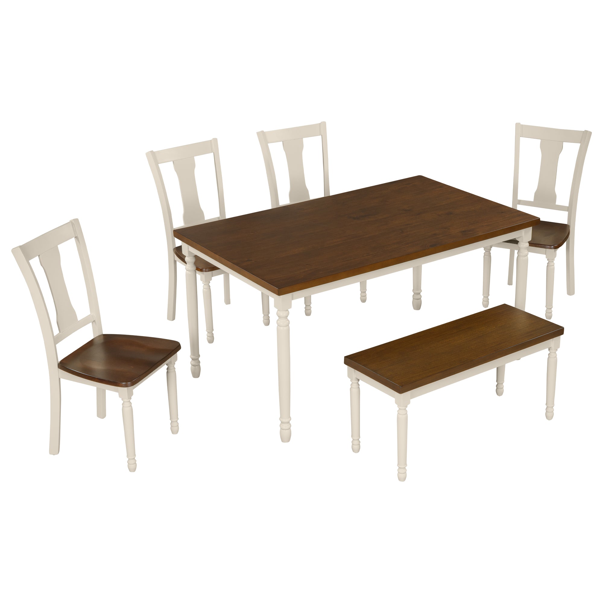 TREXM Classic 6-Piece Dining Set Wooden Table and 4 Chairs with Bench for Kitchen Dining Room (Brown+Cottage White)