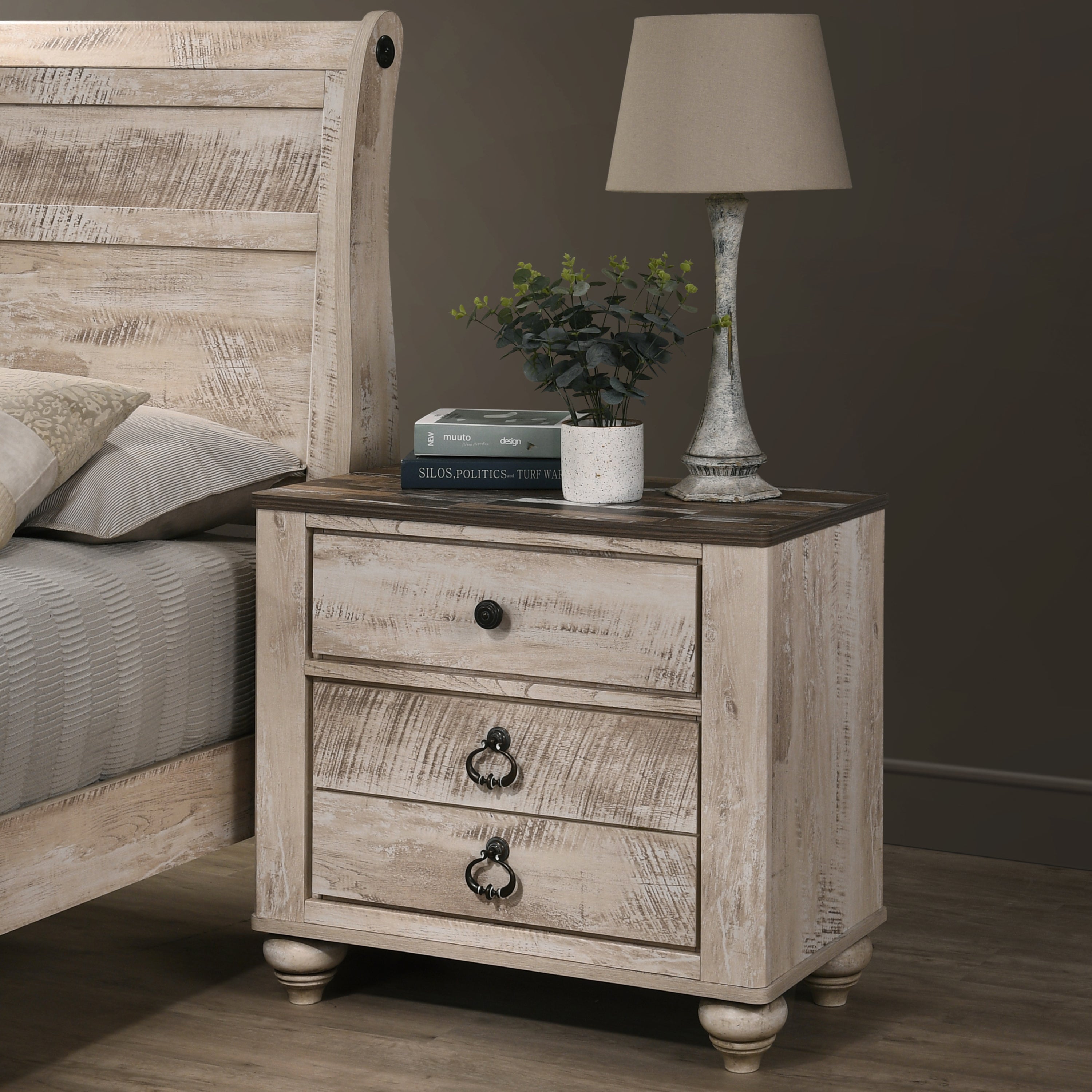 Imerland Contemporary White Wash Finish 3-Piece Bedroom Set-Sleigh Bed and Two Nightstands