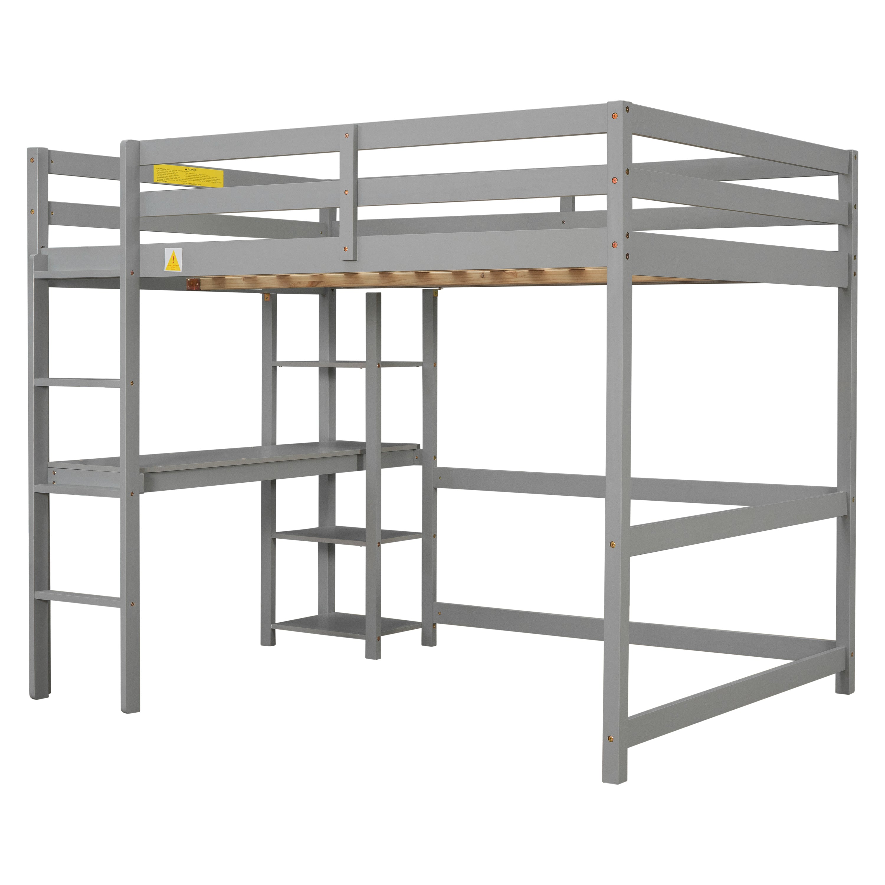 Full Loft Bed with Desk and Shelves,Grey