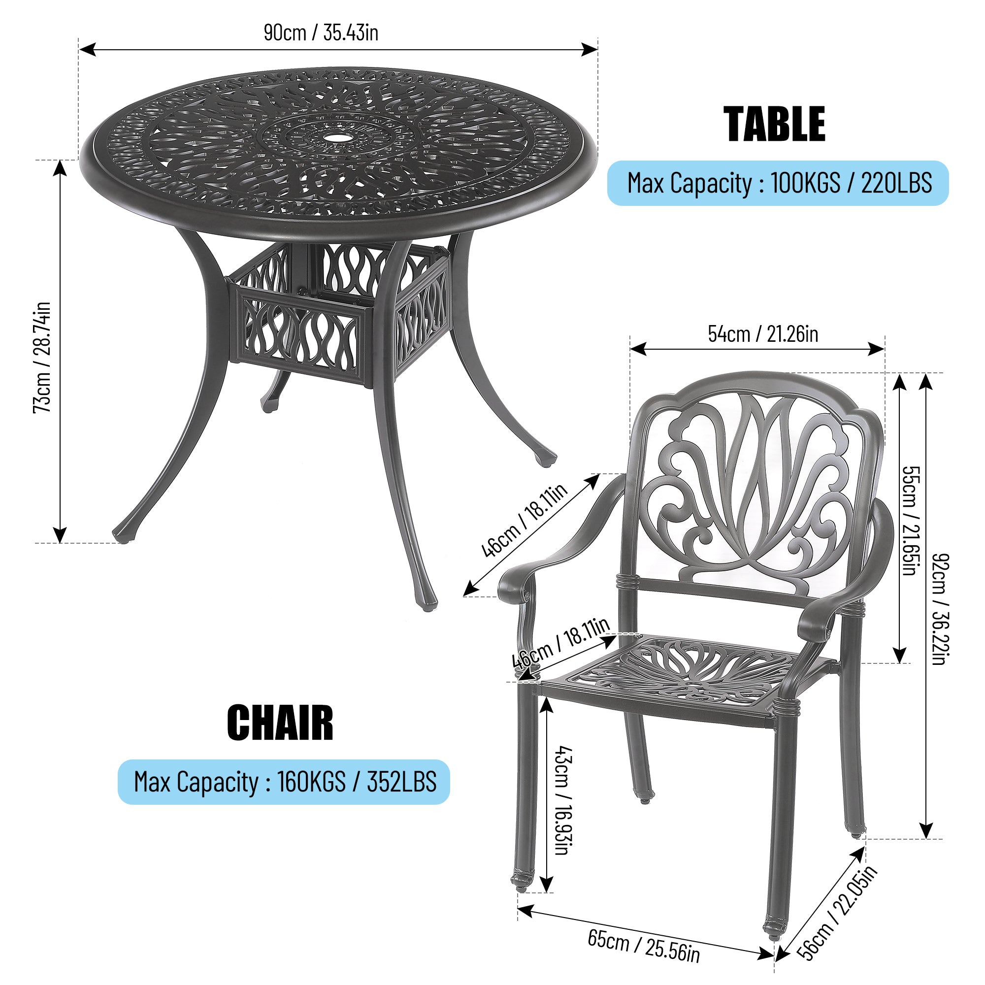 5PCS Outdoor Furniture Dining Table Set All-Weather Cast Aluminum Patio Furniture Includes 1 Round Table and 4 Chairs with Umbrella Hole for Patio Garden Deck, Lattice Weave Design,BLACK COLOR